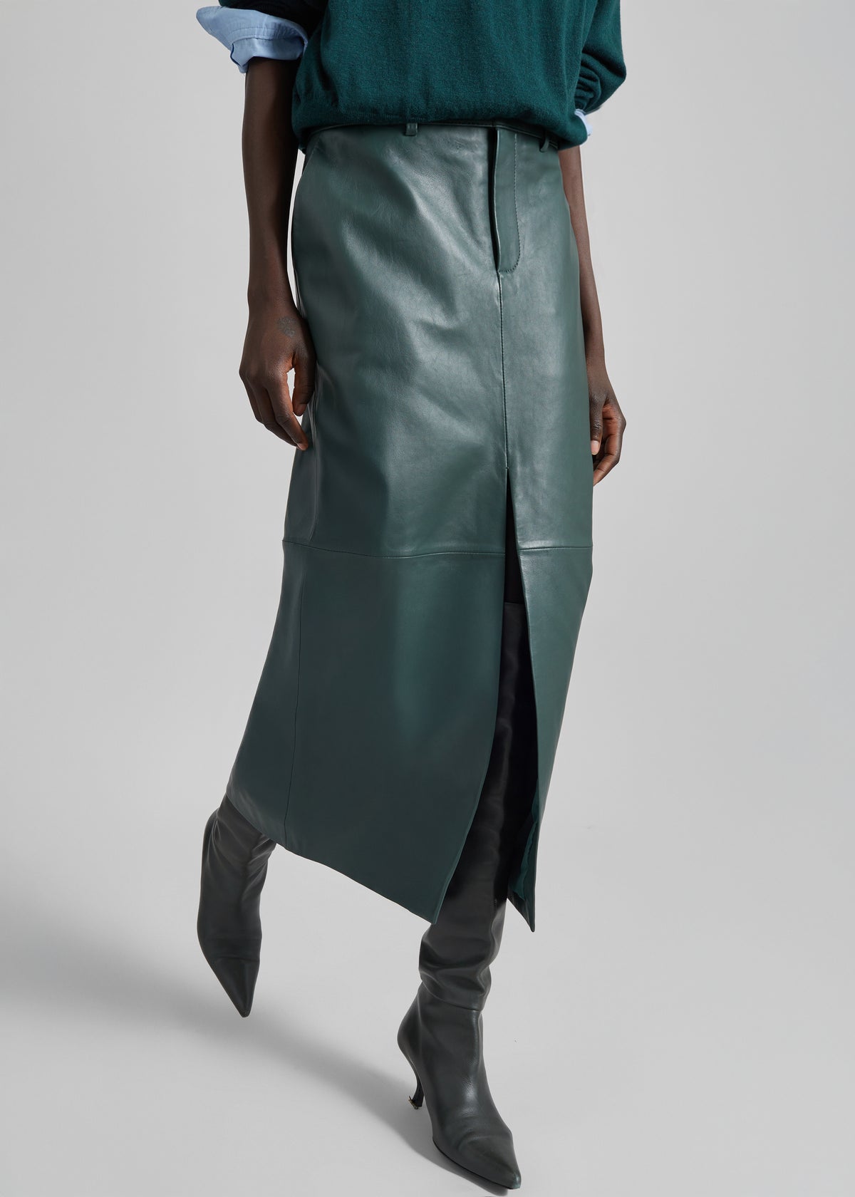 Maybelle Leather Front Slit Pencil Skirt - Bottle Green
