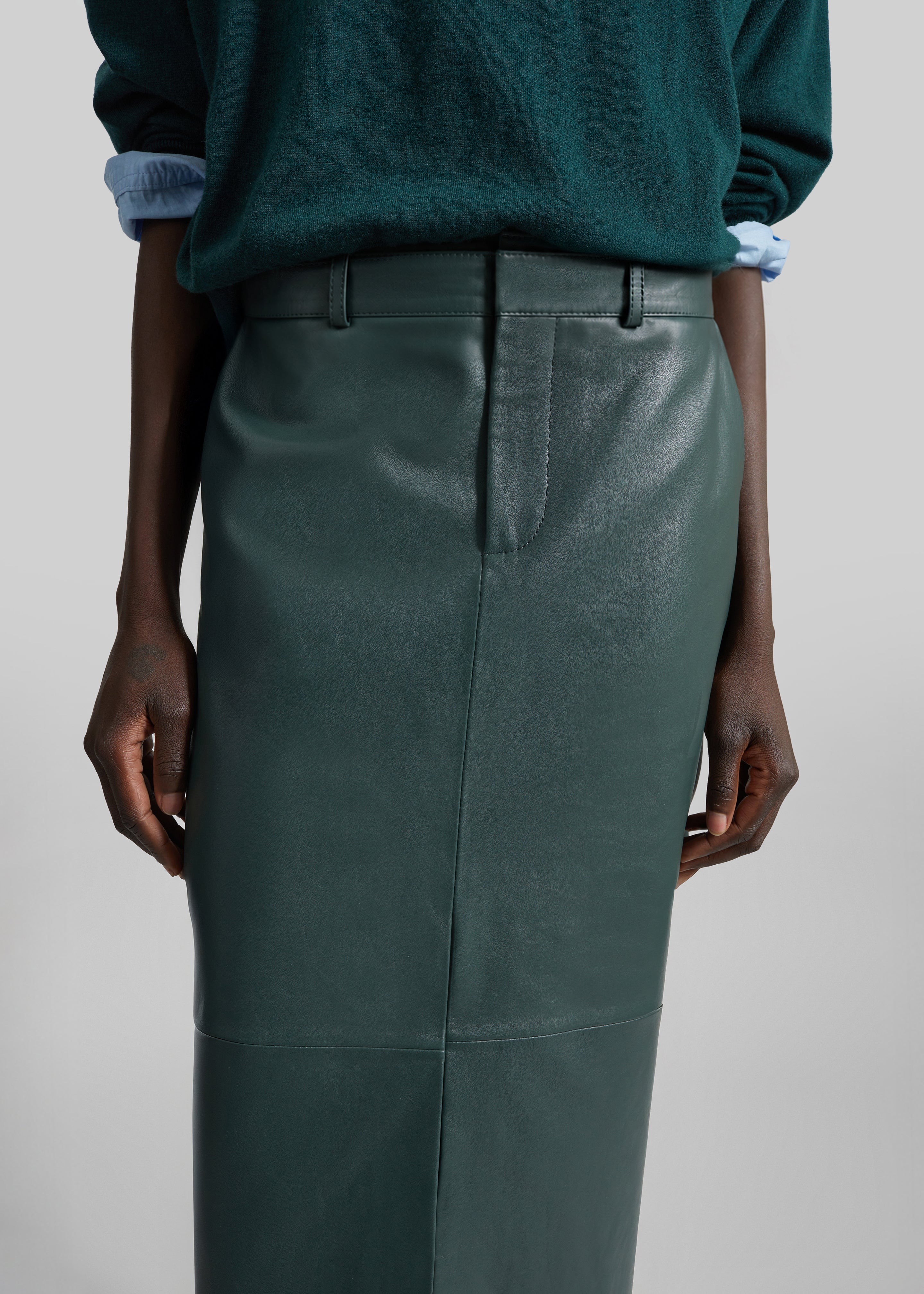 Maybelle Leather Front Slit Pencil Skirt - Bottle Green