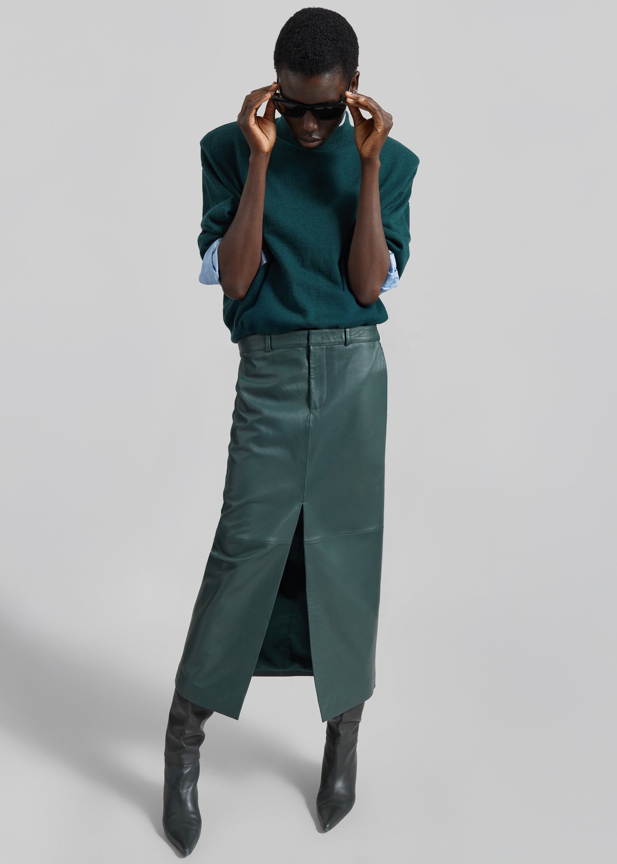 Shop the look image for Maybelle Leather Front Slit Pencil Skirt - Bottle Green