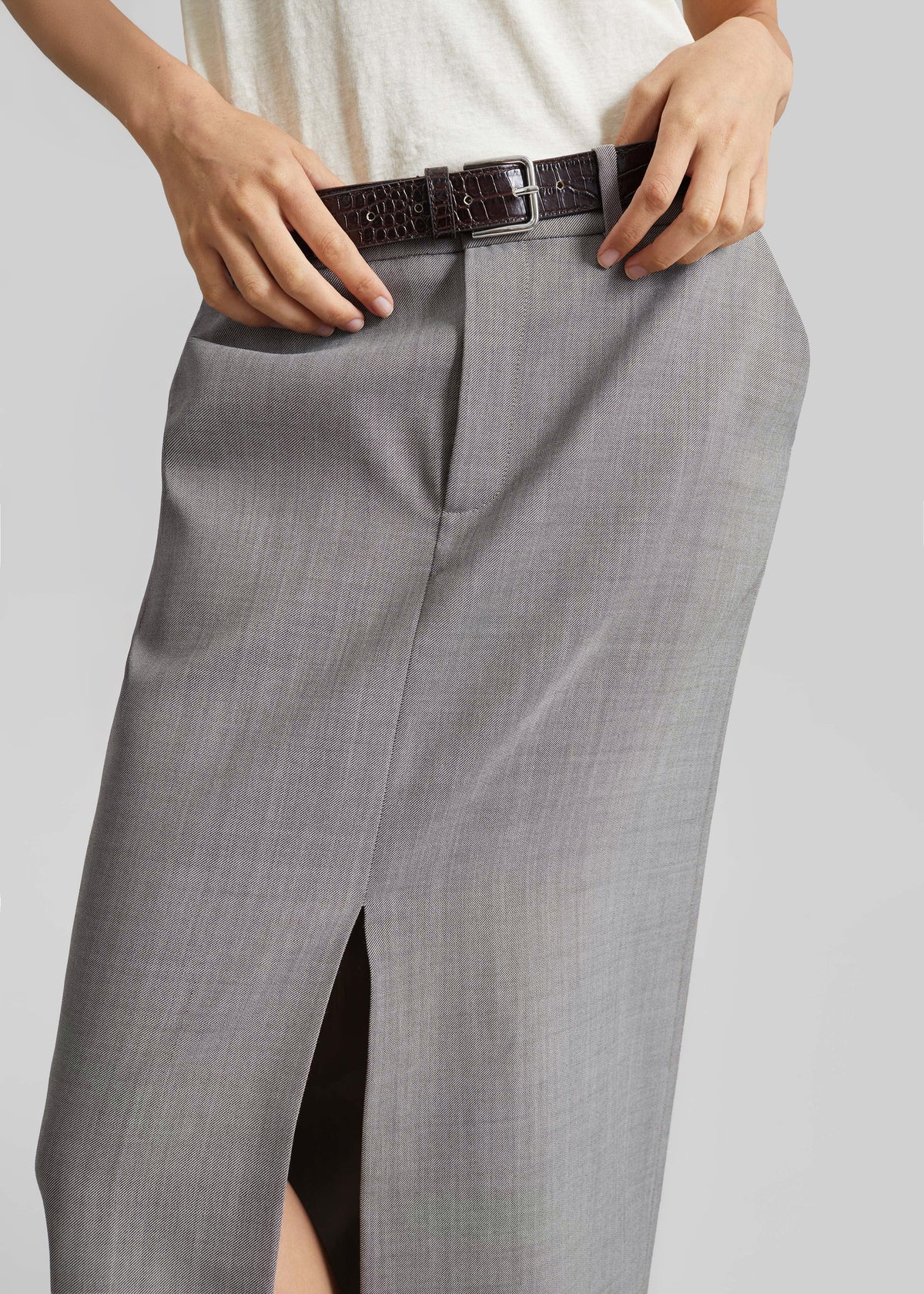 Maybelle Wool Front Slit Pencil Skirt - Light Taupe Melange