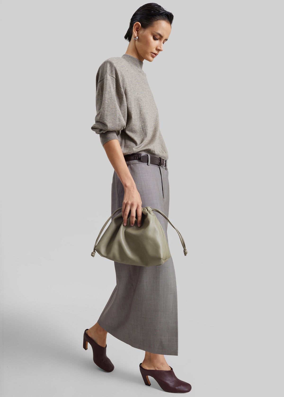 Maybelle Wool Front Slit Pencil Skirt - Light Taupe Melange