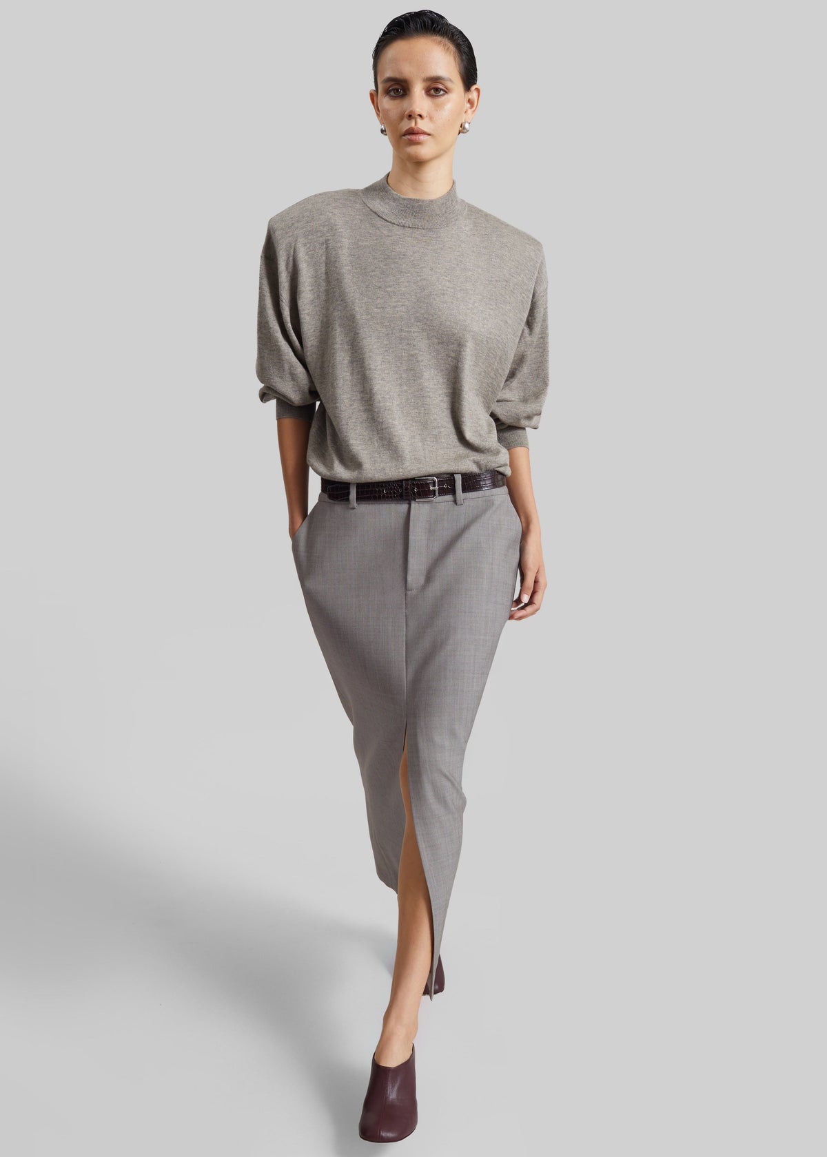 Maybelle Wool Front Slit Pencil Skirt - Light Taupe Melange