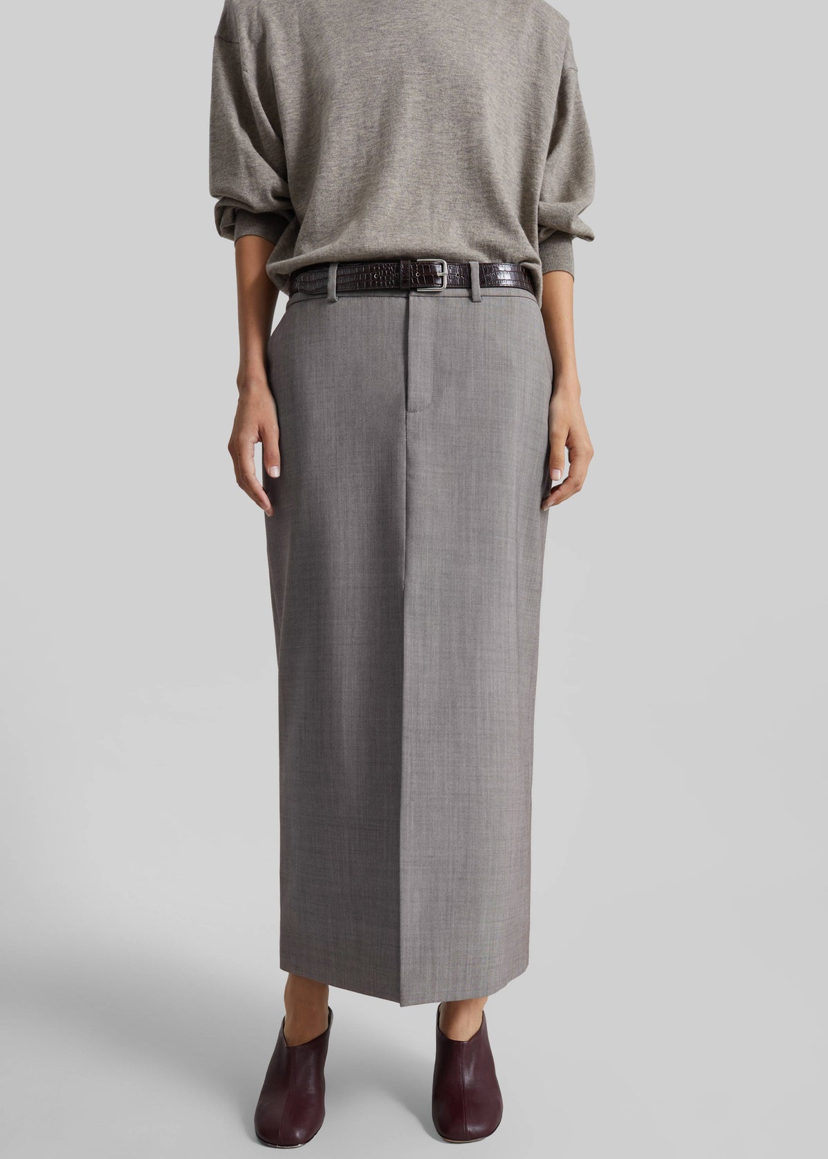 Maybelle Wool Front Slit Pencil Skirt - Light Taupe Melange