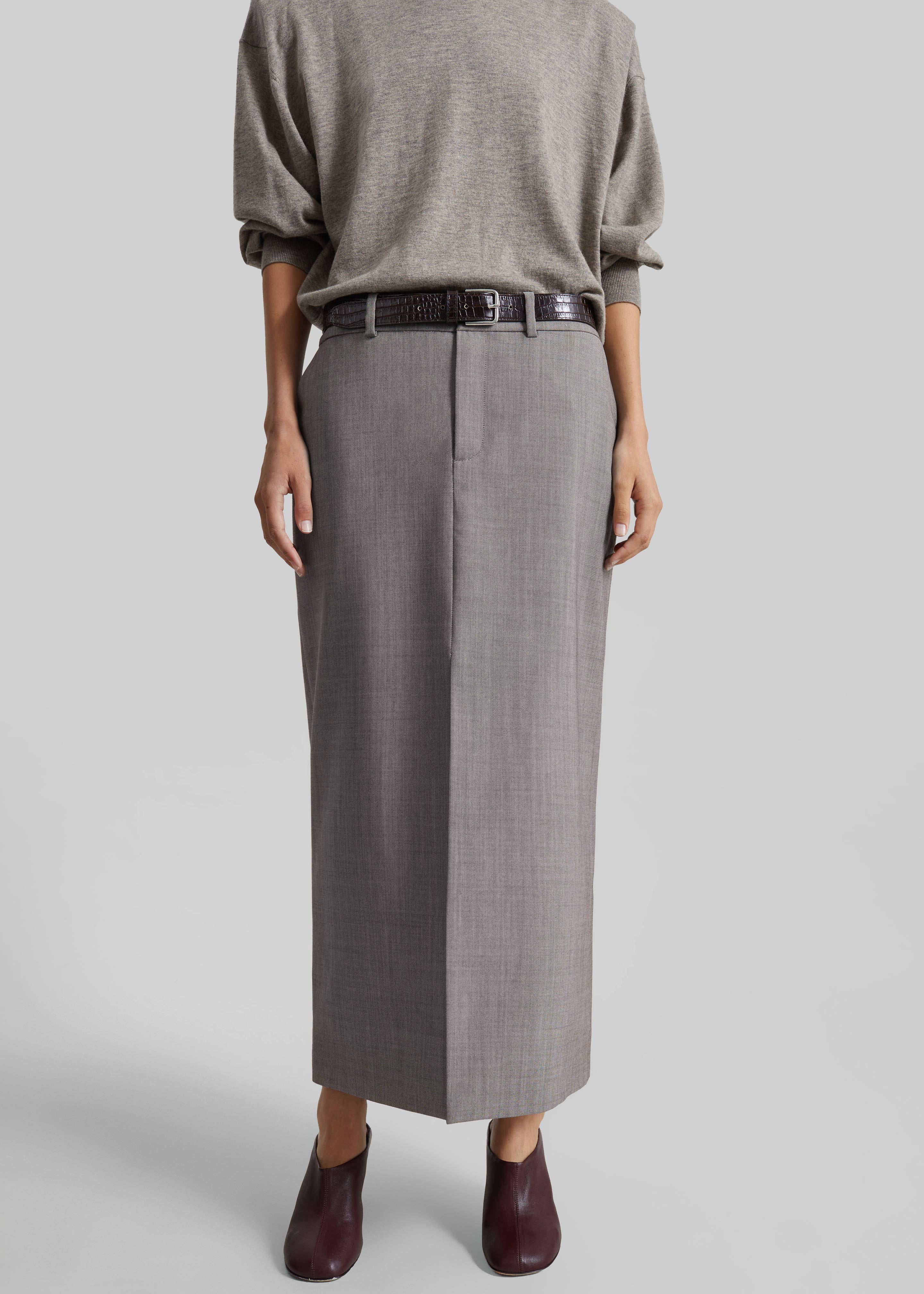 Maybelle Wool Front Slit Pencil Skirt - Light Taupe Melange