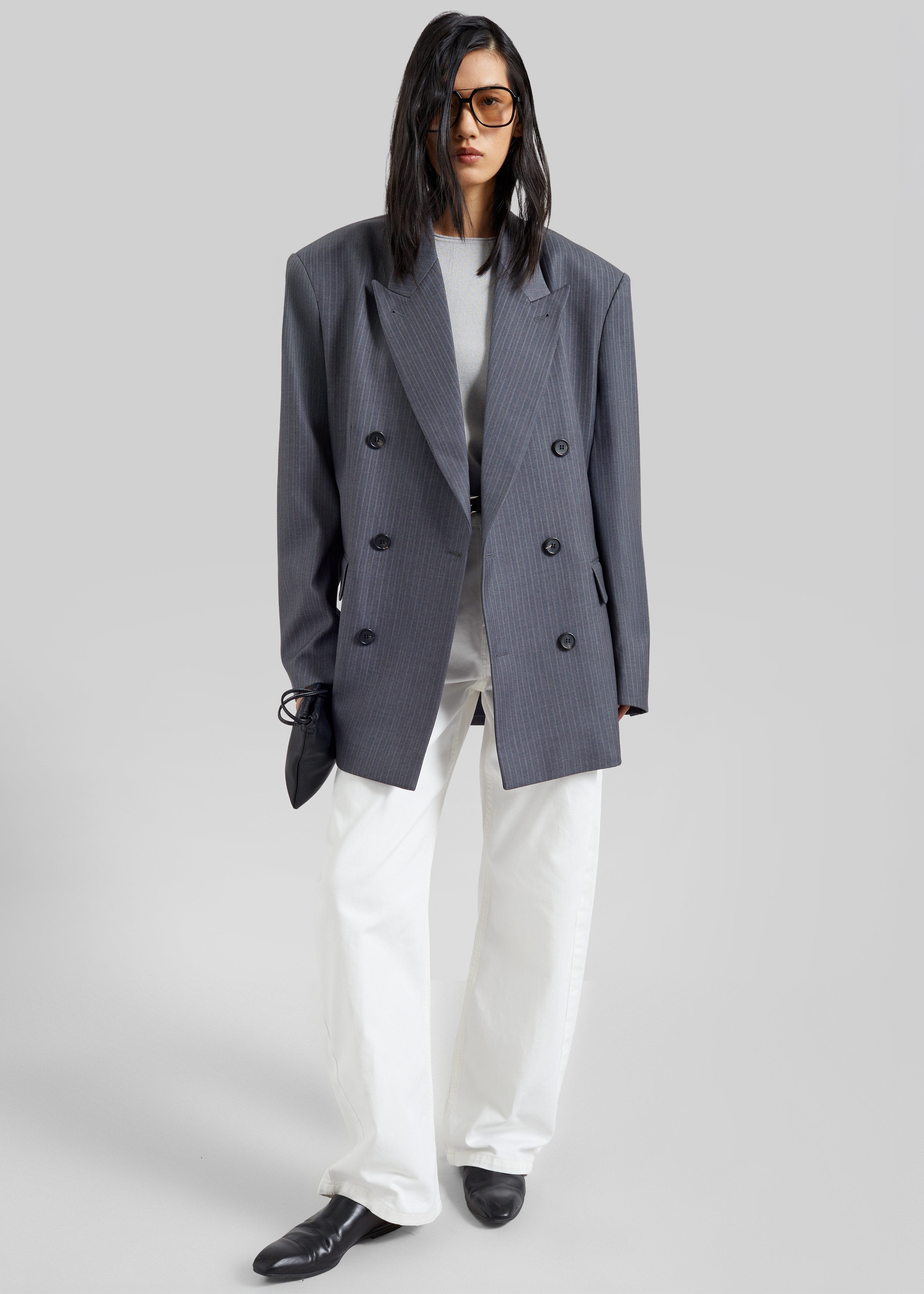 Mayfair Double Breasted Blazer - Grey/White Pinstripe