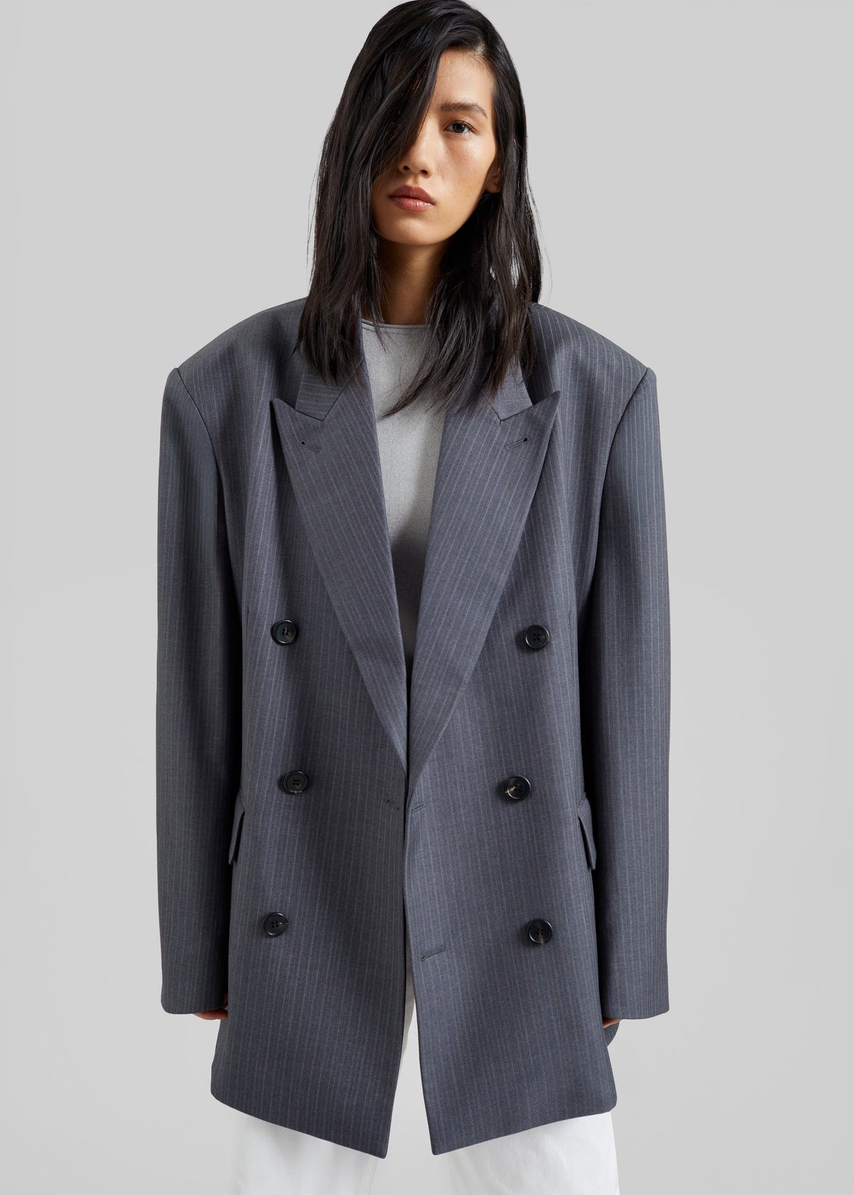 Mayfair Double Breasted Blazer - Grey/White Pinstripe