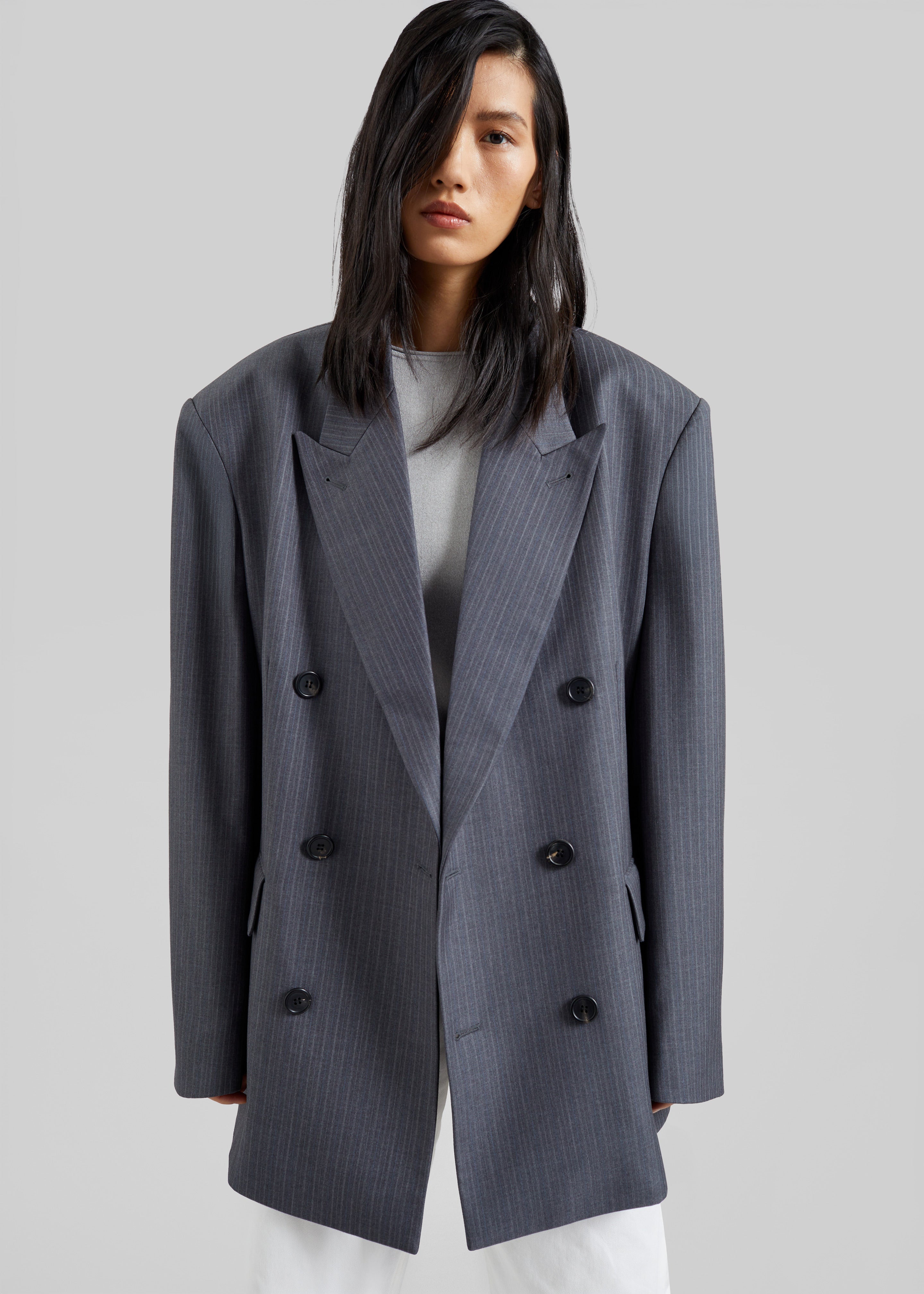 Mayfair Double Breasted Blazer - Grey/White Pinstripe