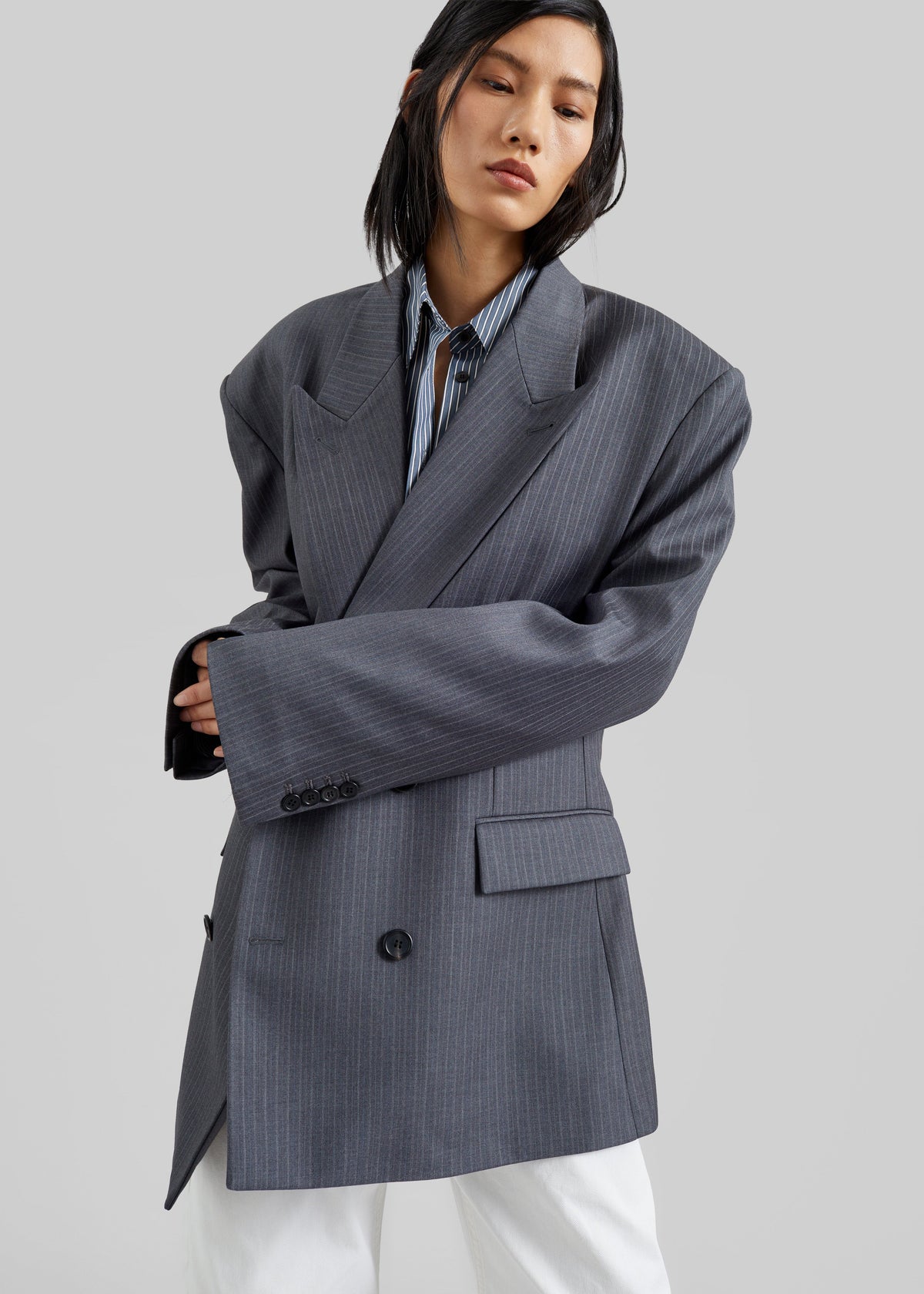 Mayfair Double Breasted Blazer - Grey/White Pinstripe