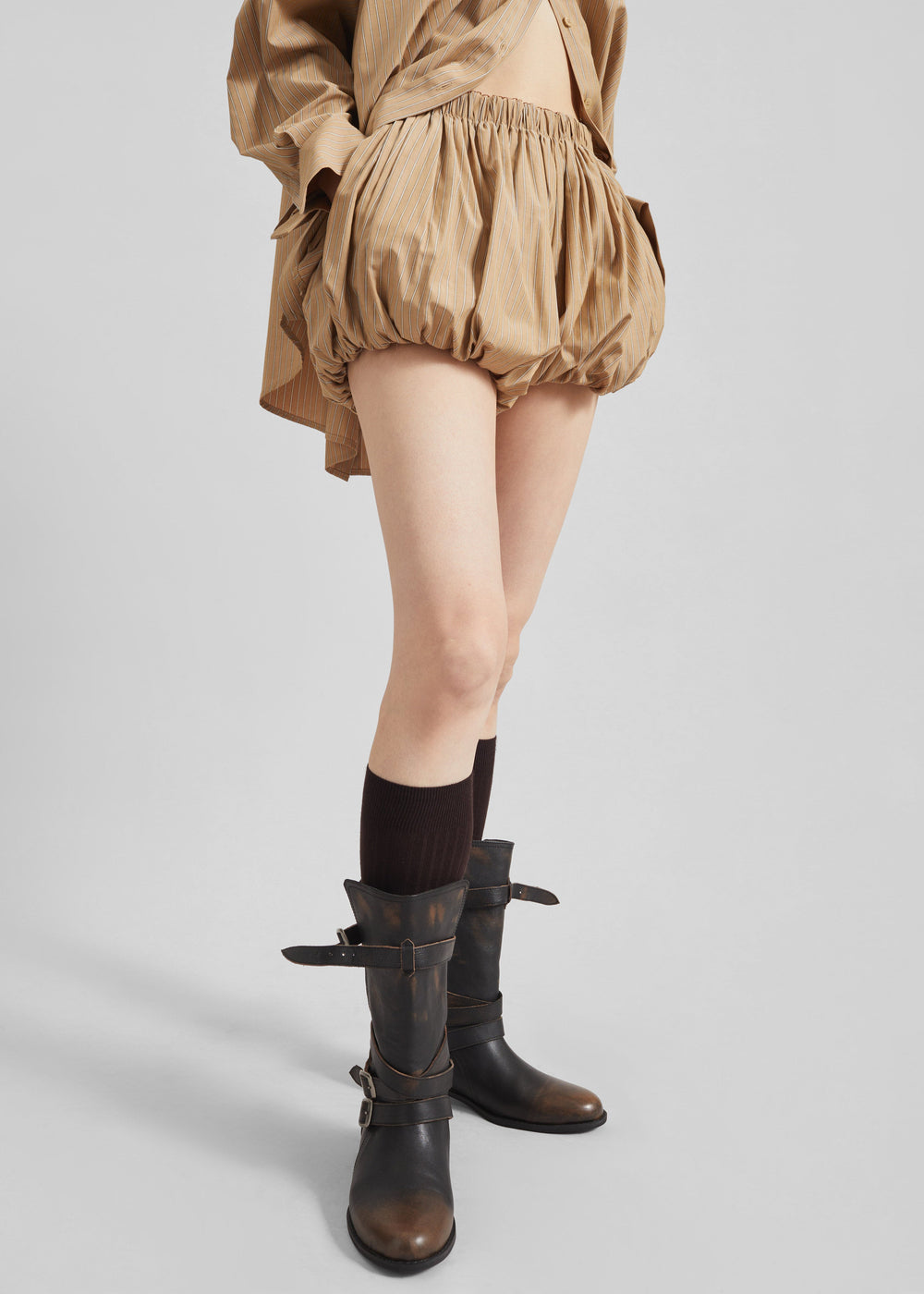 Medavy Bubble-Hem Shorts - Beige/White Stripe