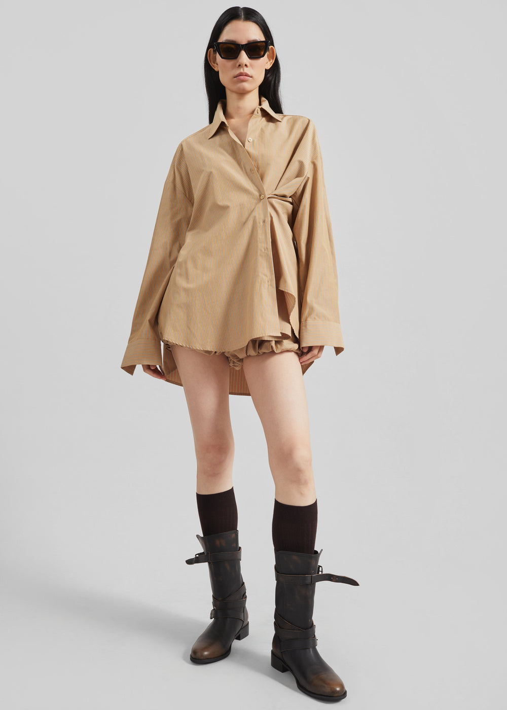 Medavy Side Button-Up Shirt - Beige/White Stripe