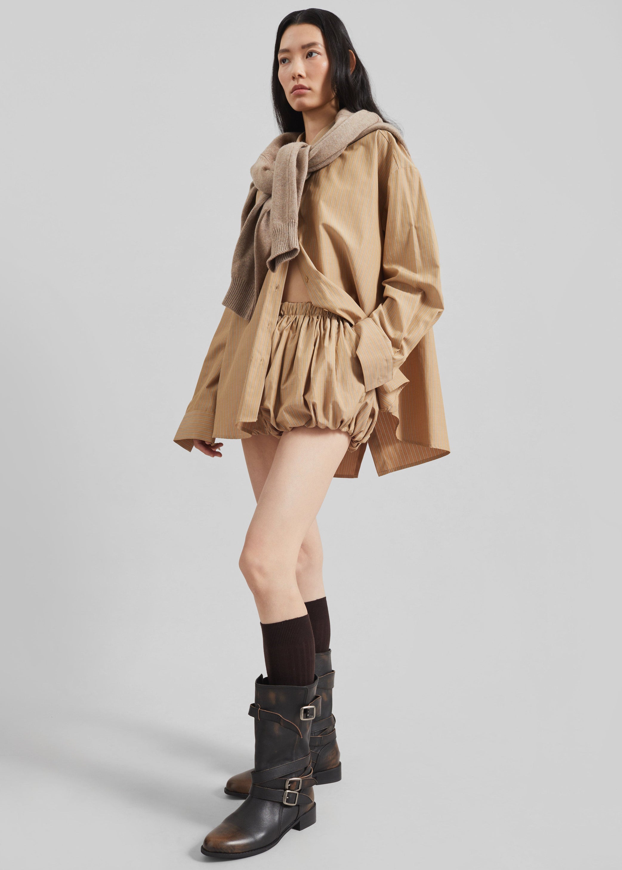 Shop the look image for Medavy Bubble-Hem Shorts - Beige/White Stripe
