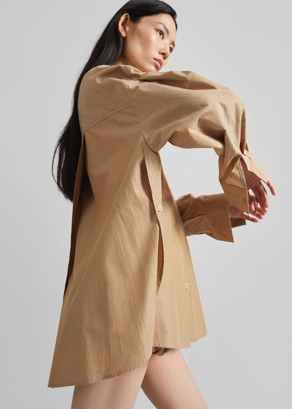 Medavy Side Button-Up Shirt - Beige/White Stripe - 1