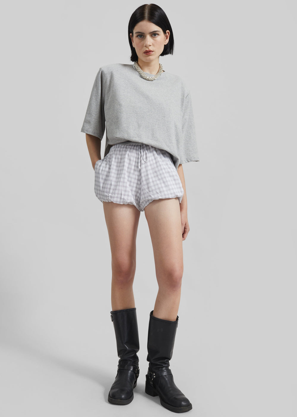 Meg Mini Balloon Shorts - Checked White - 1
