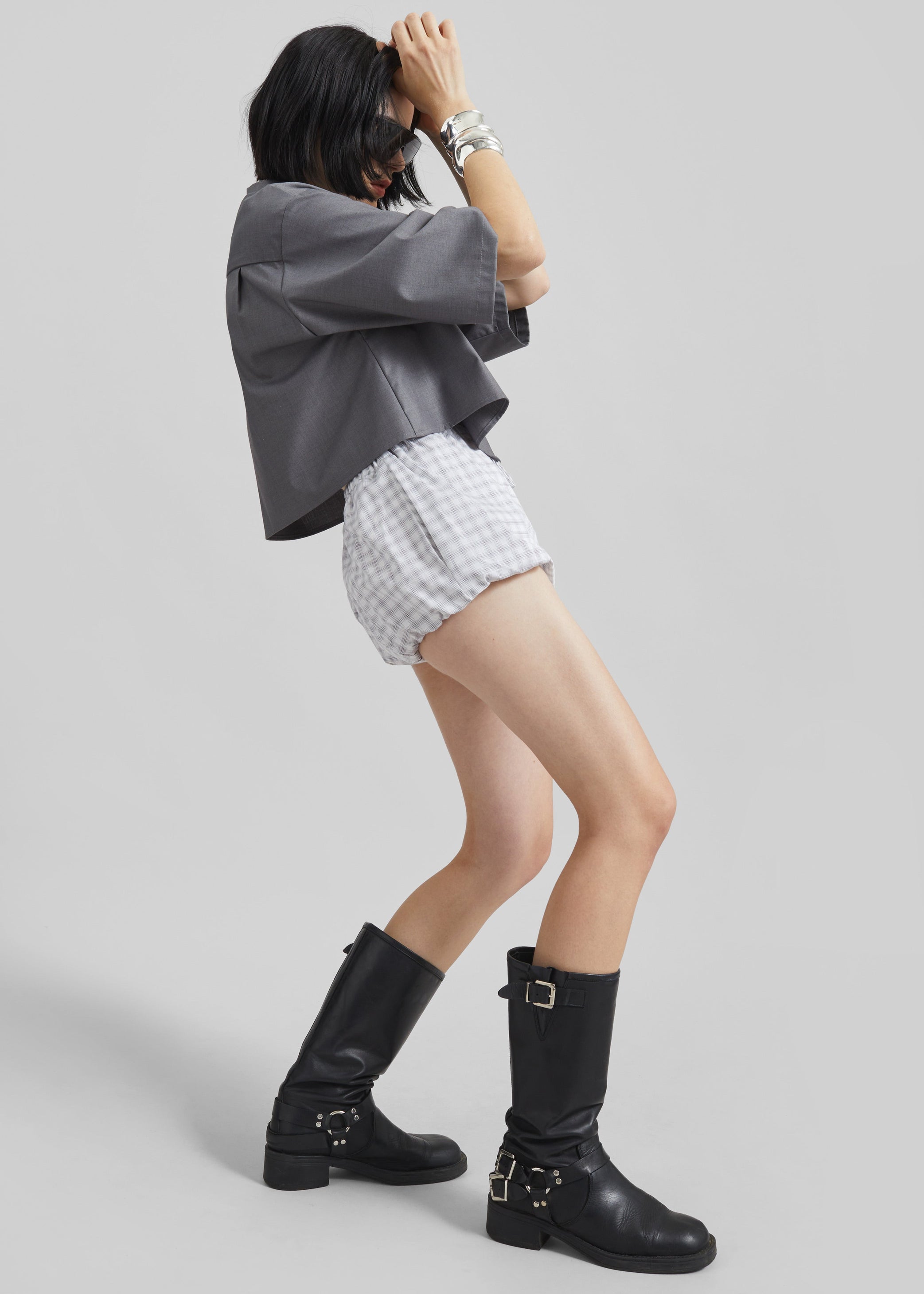 Shop the look image for Meg Mini Balloon Shorts - Checked White