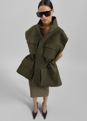 Melton Detachable Sleeve Cargo Jacket - Khaki