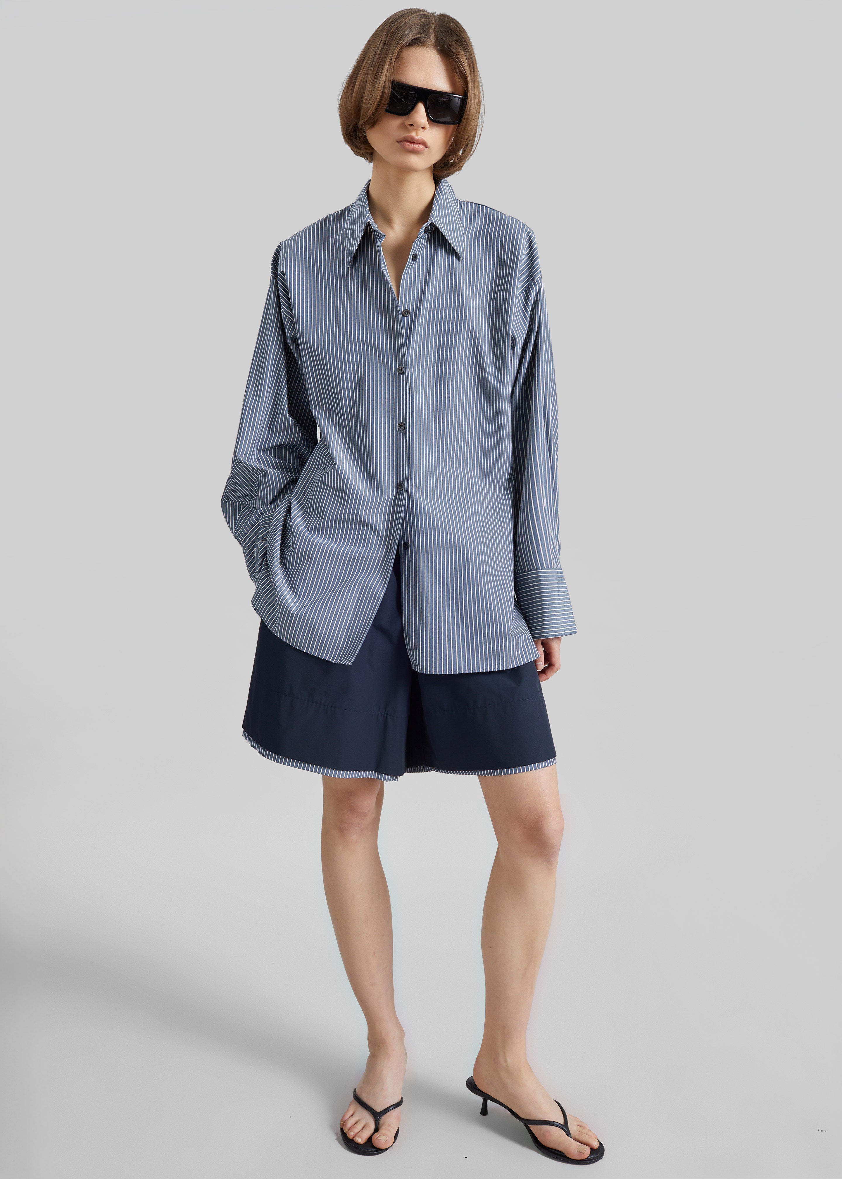 Menton Layered Hem Shorts - Navy/White Stripe - 6