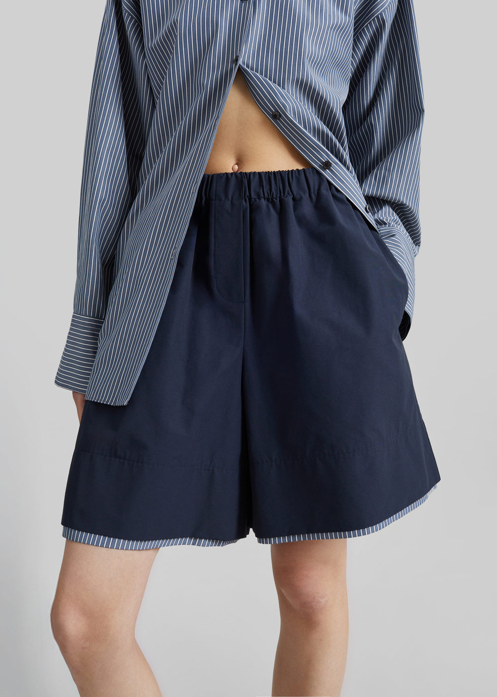 Menton Layered Hem Shorts - Navy/White Stripe - 1