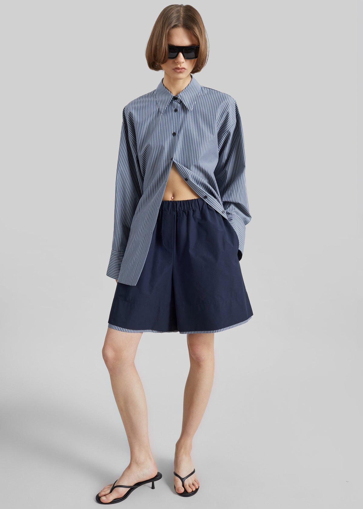 Menton Layered Hem Shorts - Navy/White Stripe - 3