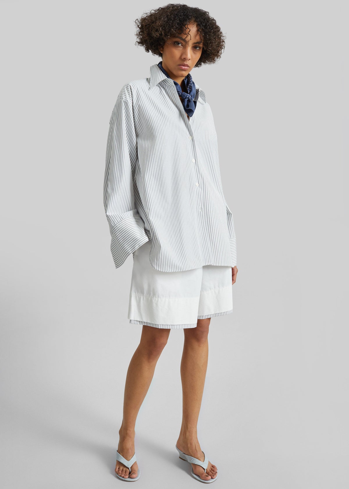 Menton Layered Hem Shorts - White/Blue Stripe - 4