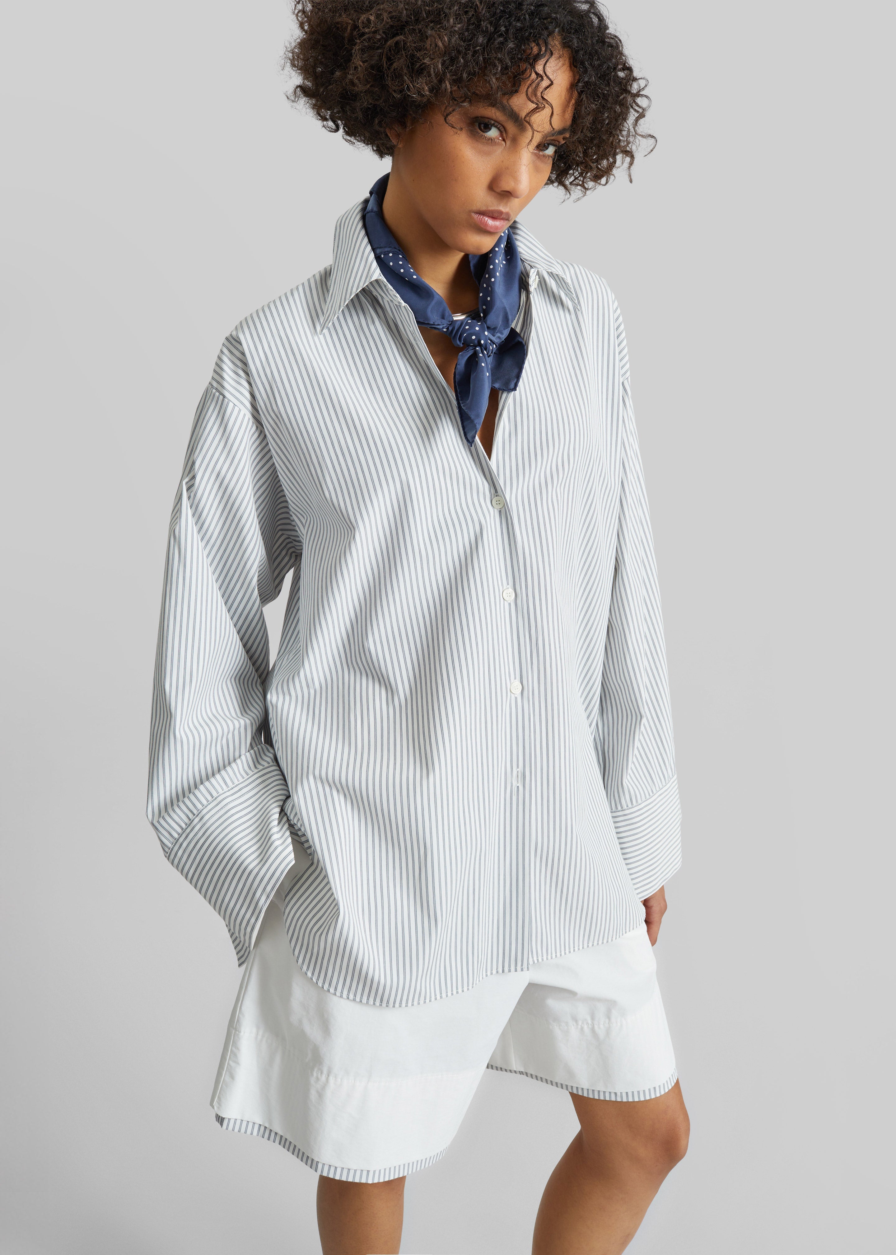 Menton Layered Hem Shorts - White/Blue Stripe - 6