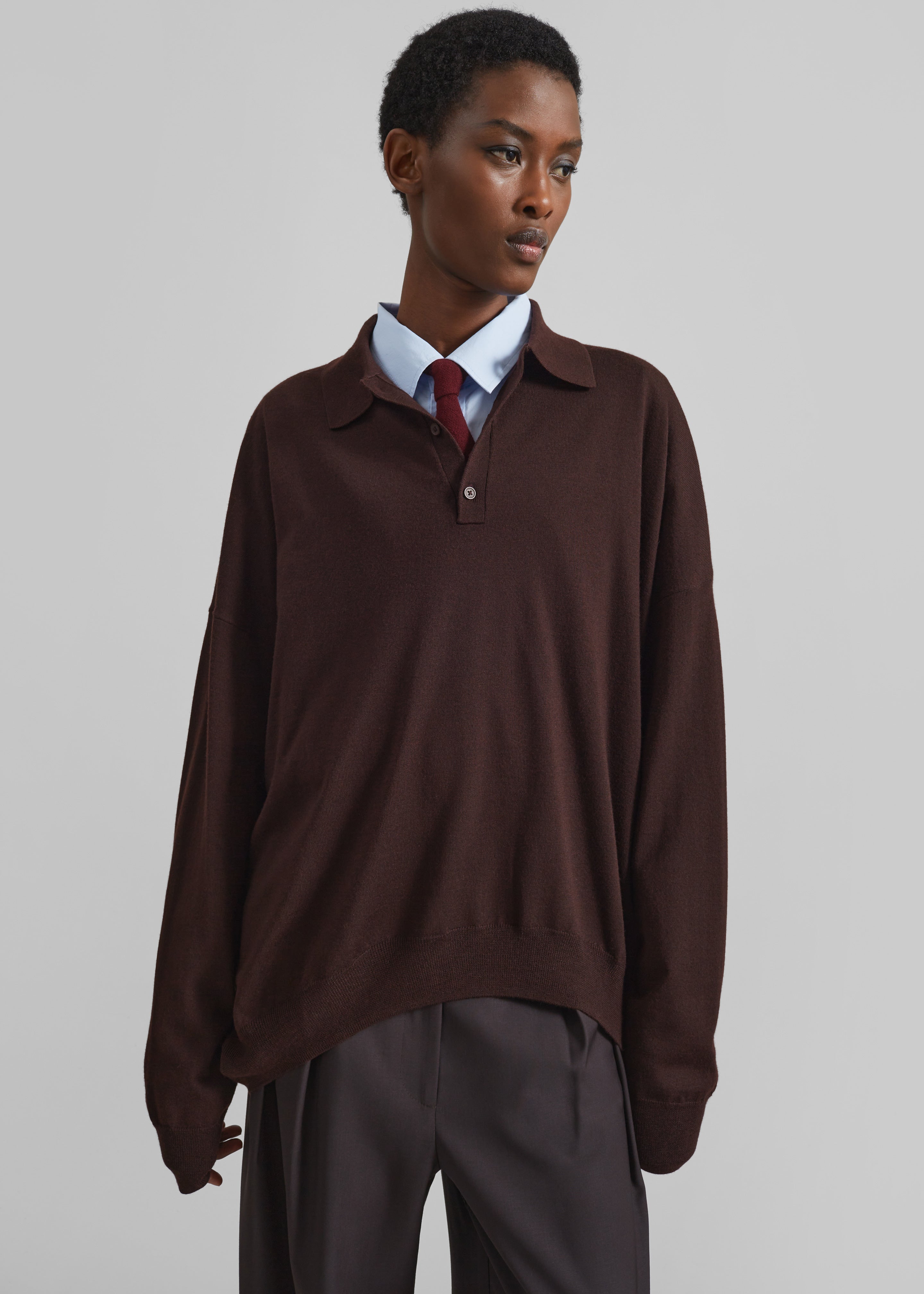 Meriel Wool Polo Sweater - Chocolate Plum - 2