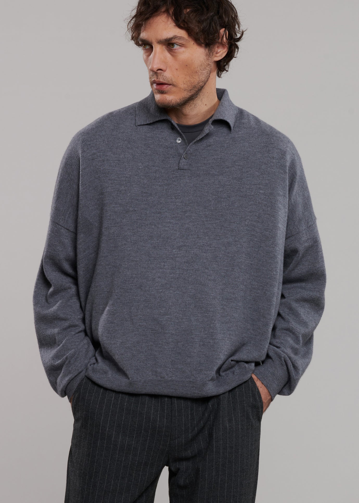 Meriel Wool Polo Sweater - Grey - 1