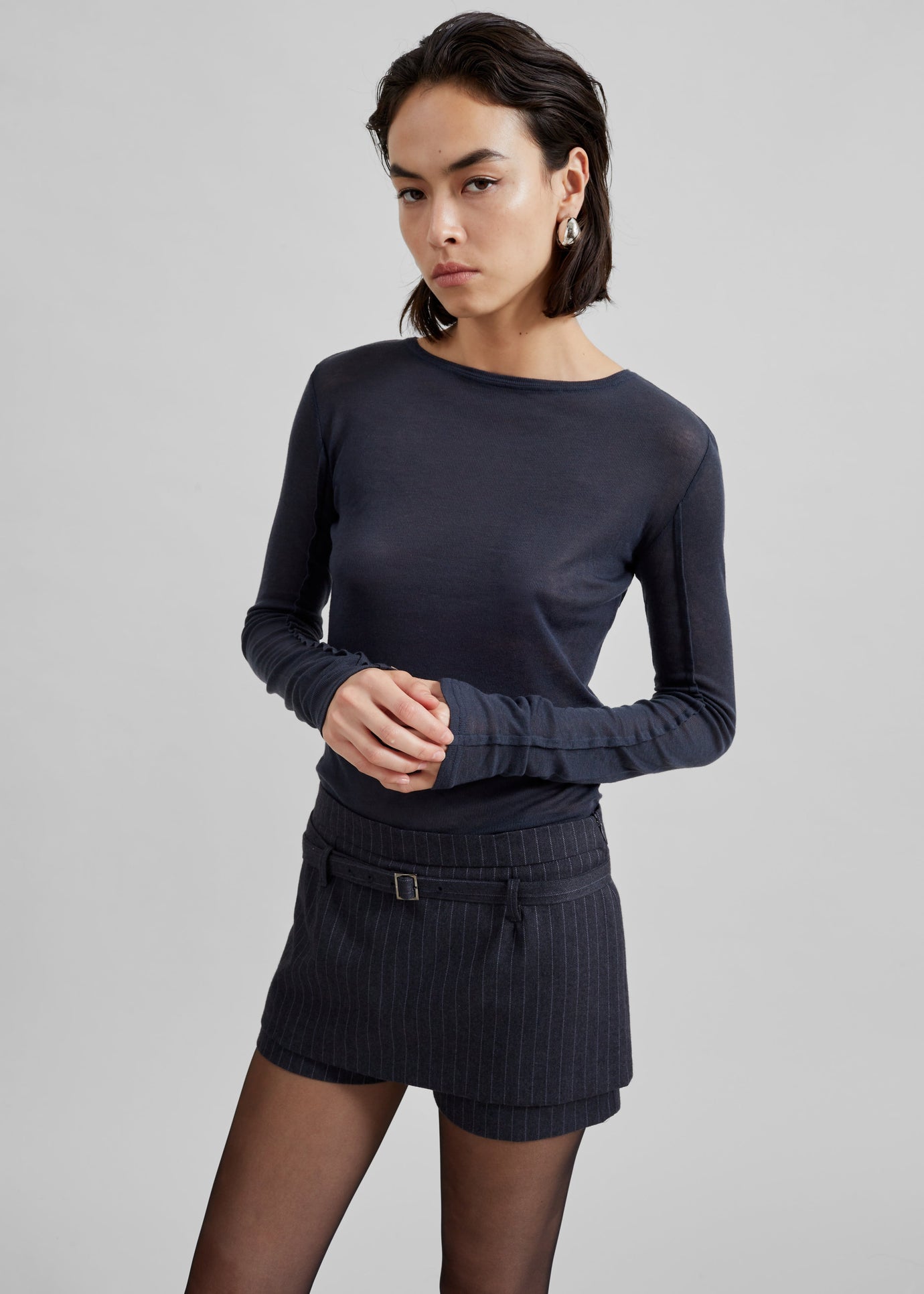 Micka Belted Skort - Charcoal/White Pinstripe - 1