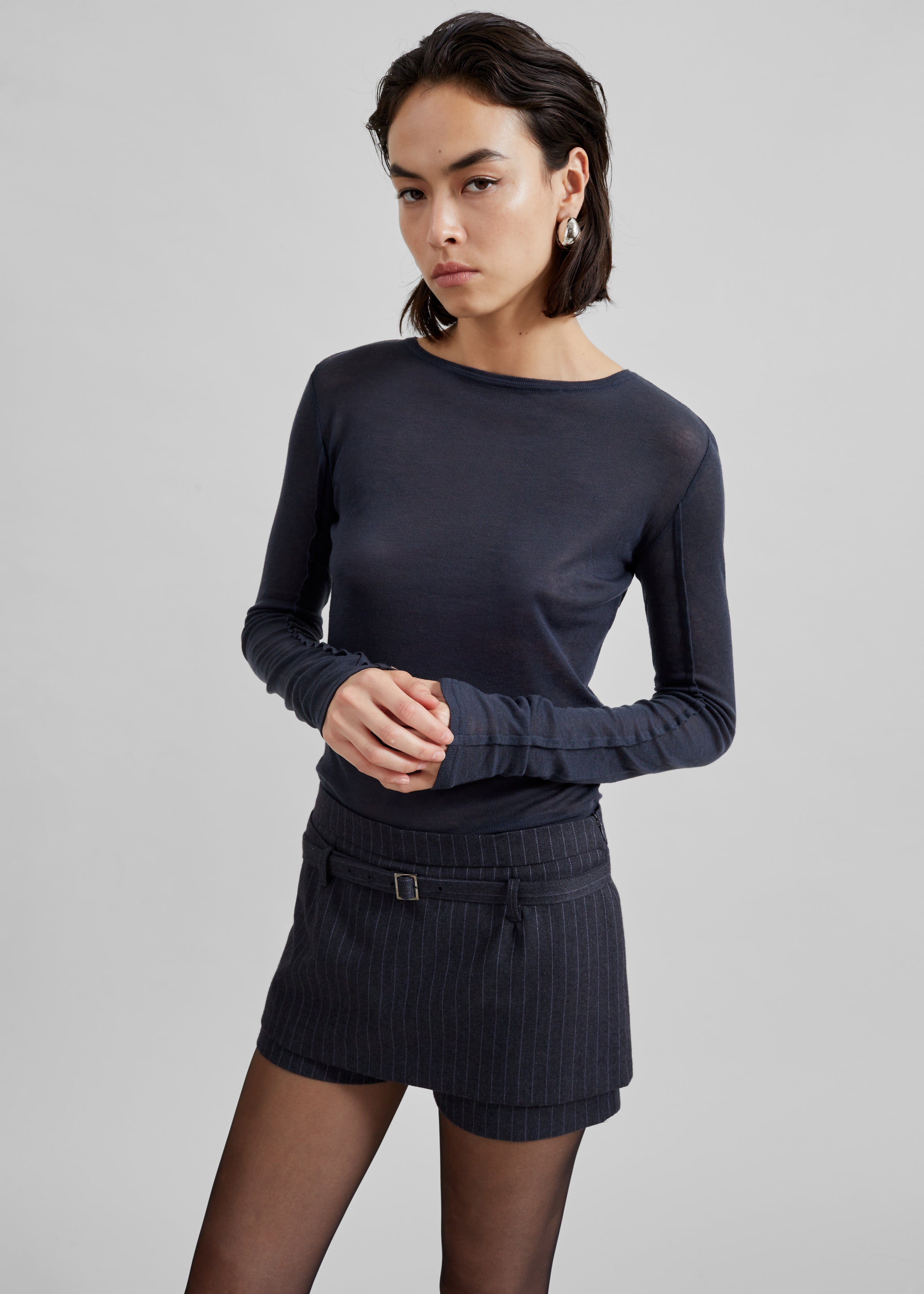 Micka Belted Skort - Charcoal/White Pinstripe - 2