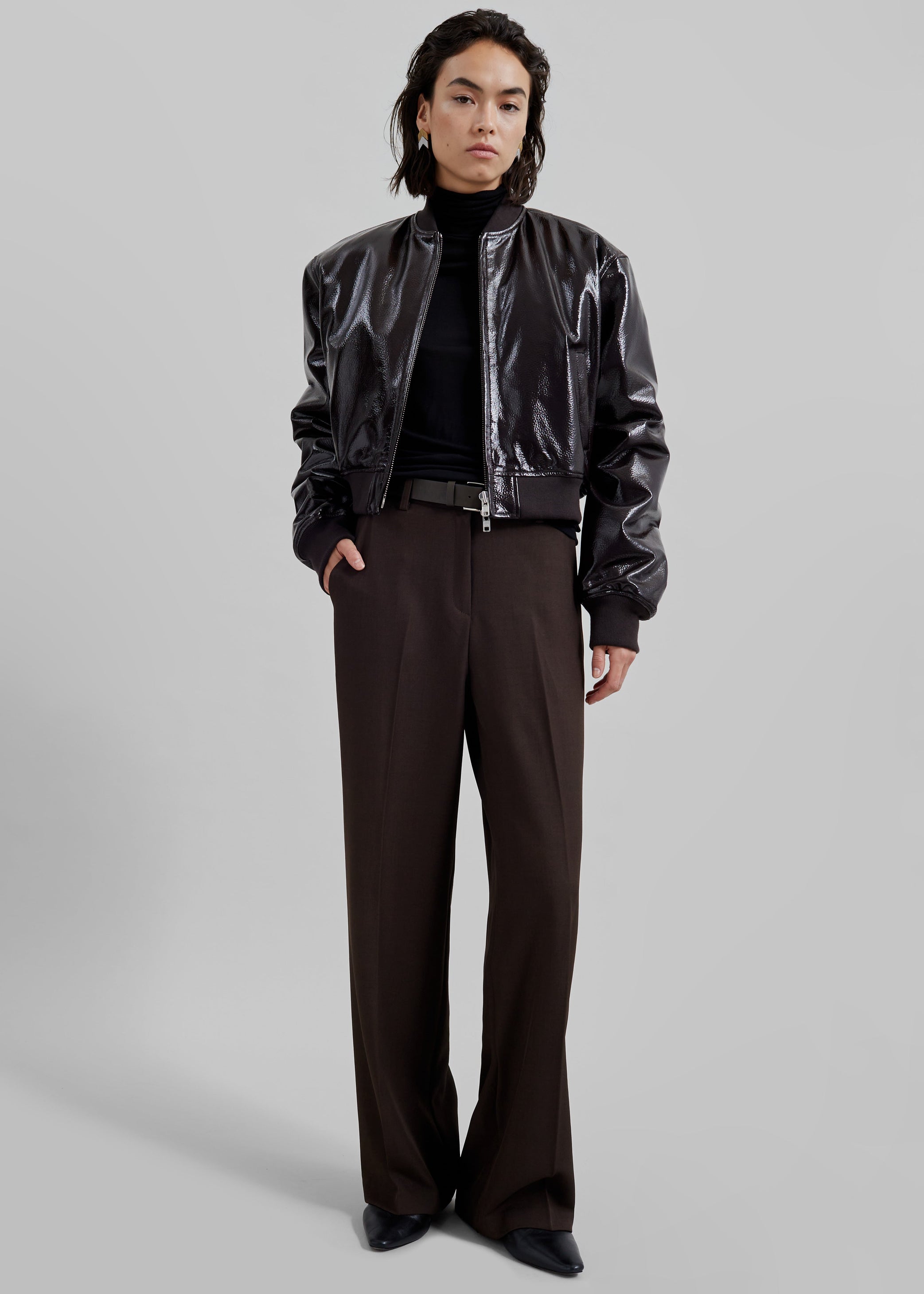 Shop the look image for Micky Crackled Faux Leather Cropped Bomber - Dark Brown