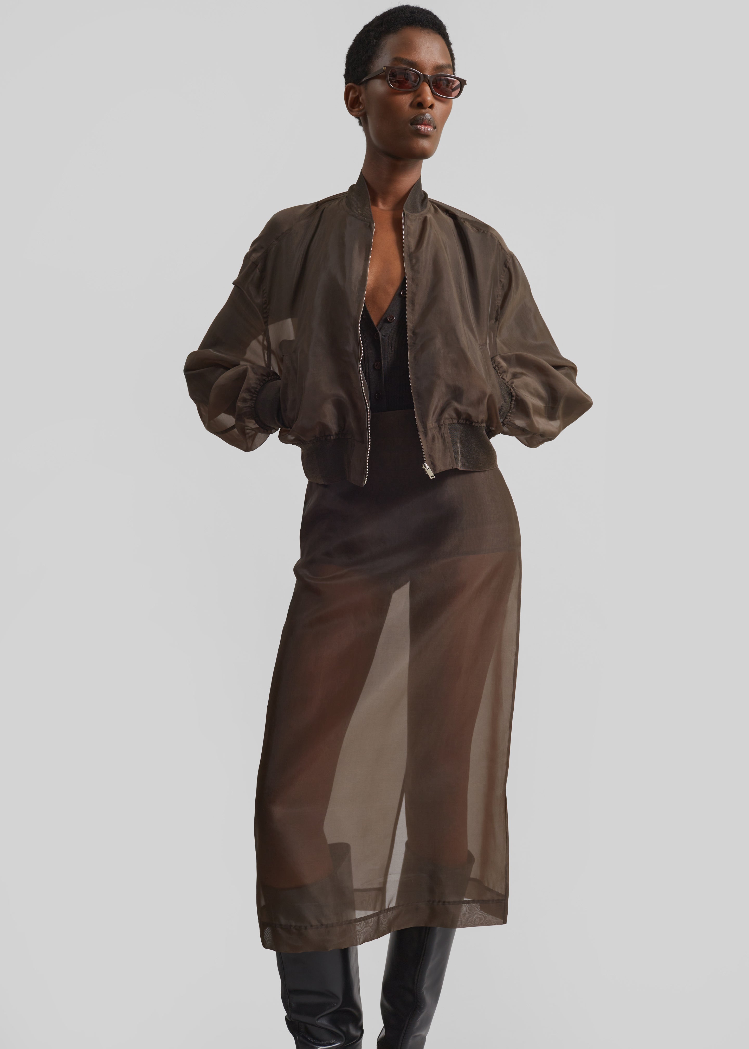Micky Cropped Sheer Bomber - Brown - 2