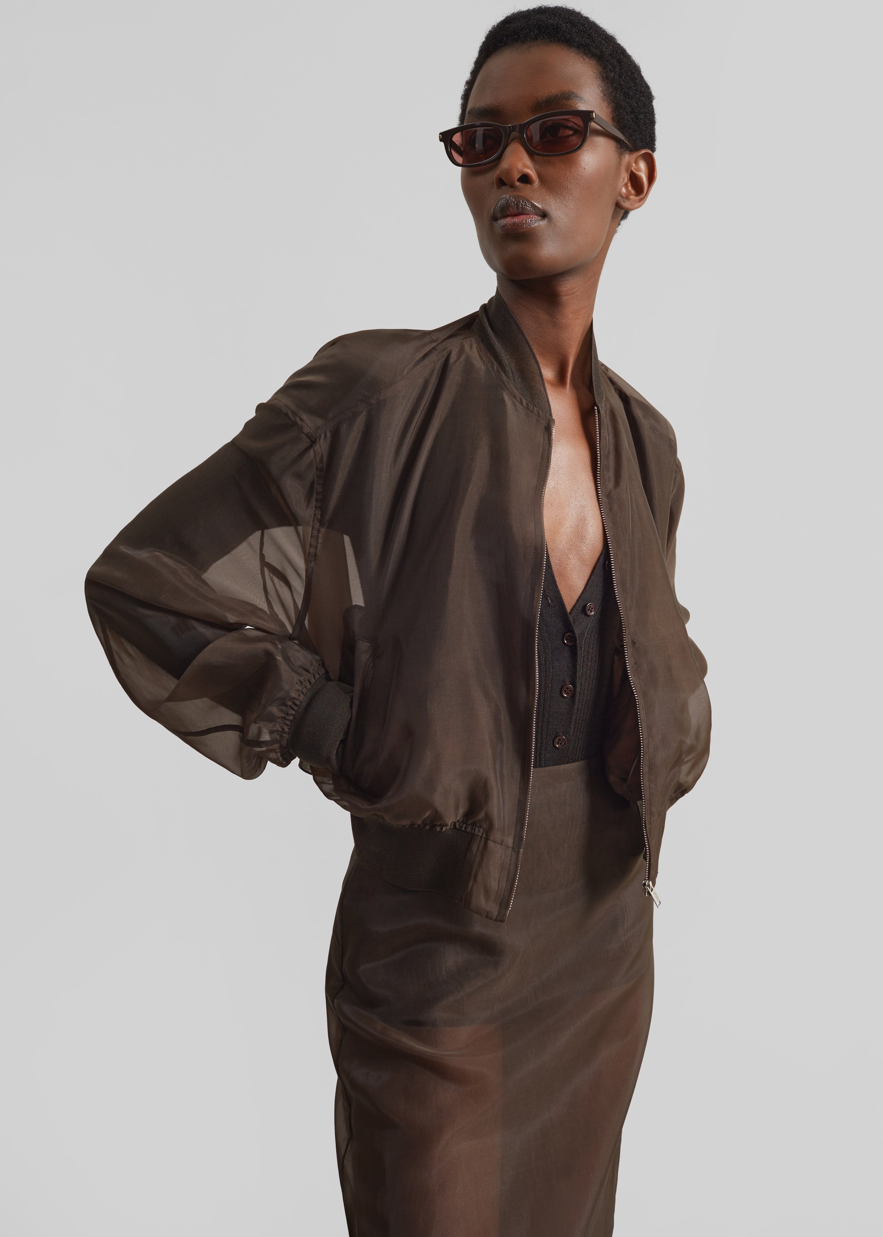 Micky Cropped Sheer Bomber - Brown - 1