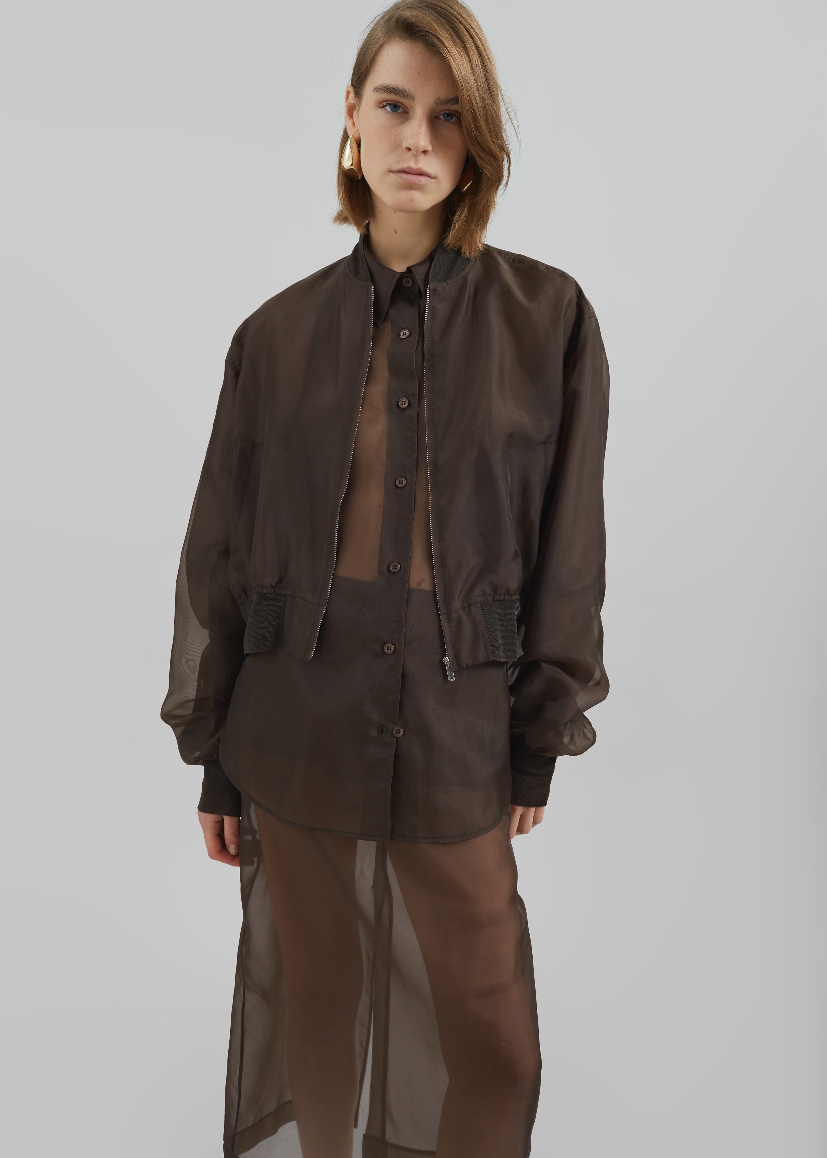 Micky Cropped Sheer Bomber - Brown - 6