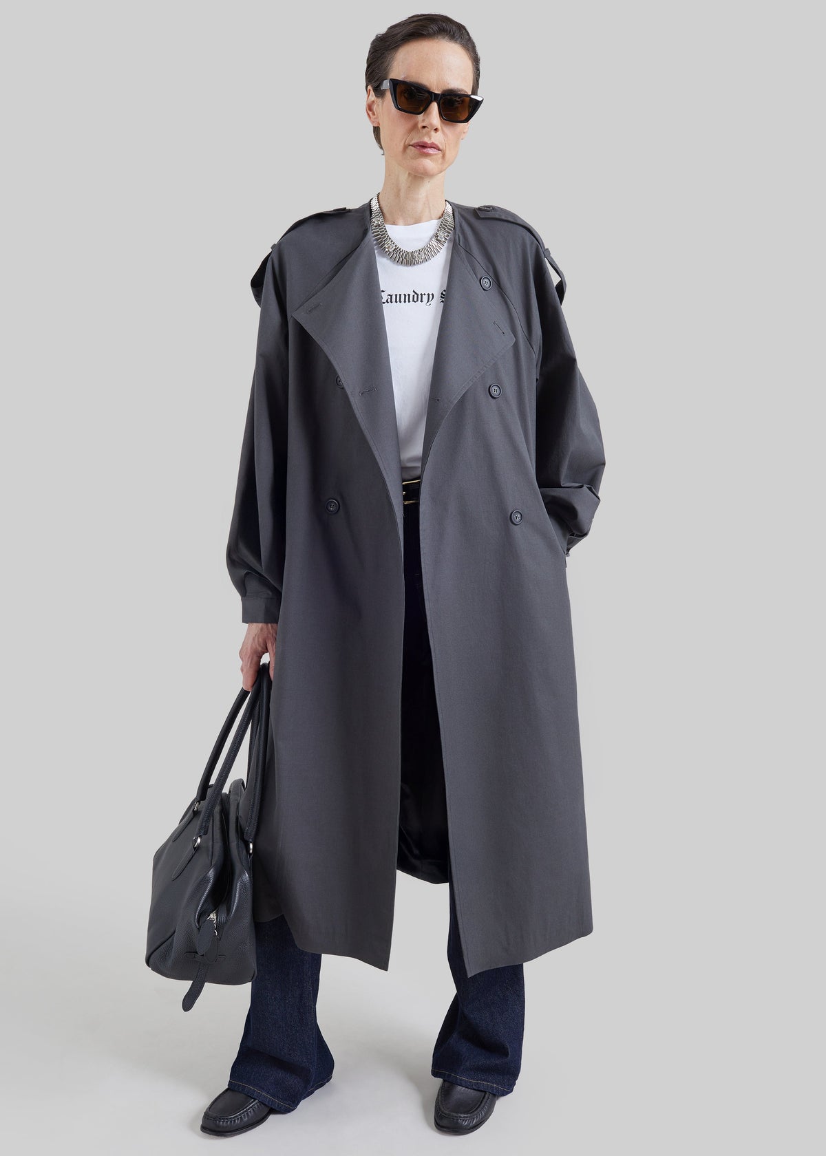 Shop the look image for Mila Collarless Trench Coat - Charcoal
