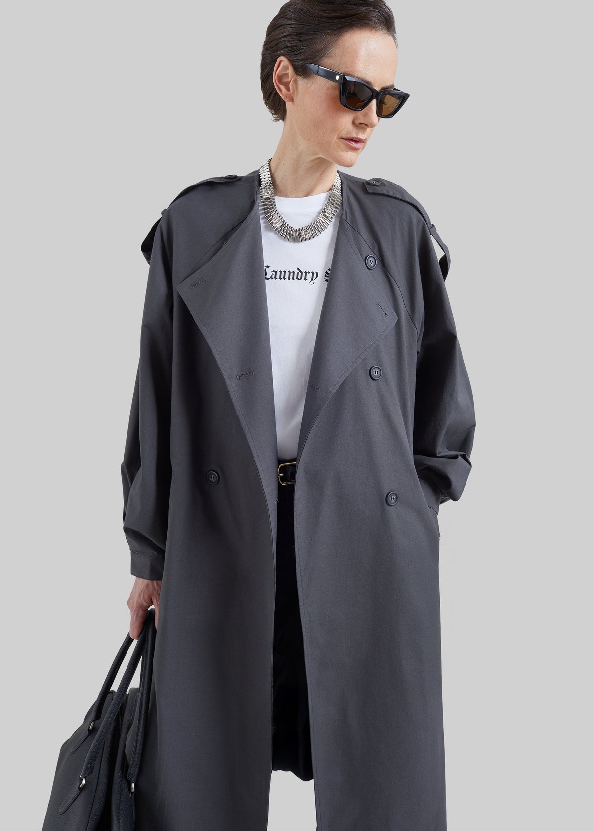 Mila Collarless Trench Coat - Charcoal