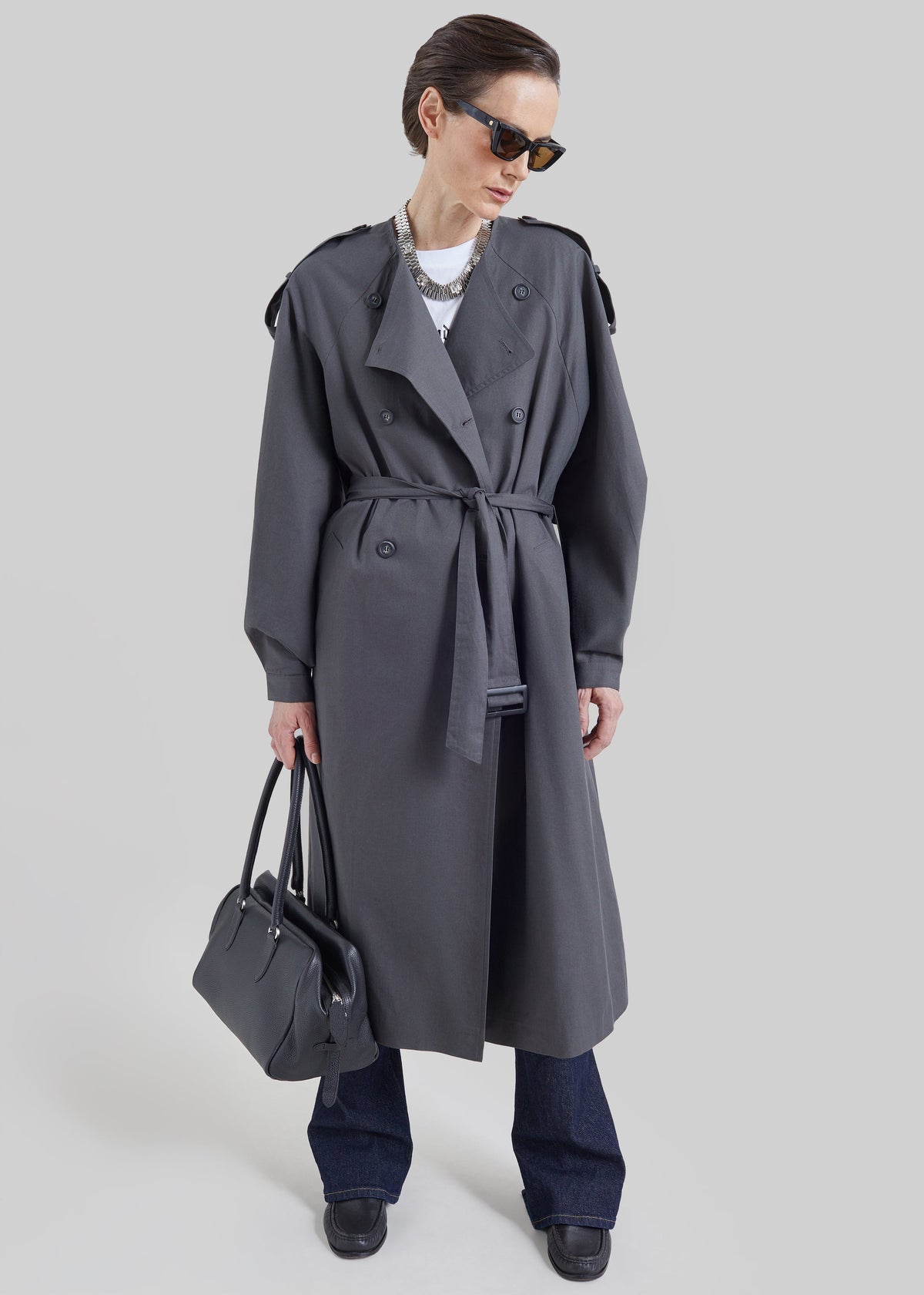 Mila Collarless Trench Coat - Charcoal