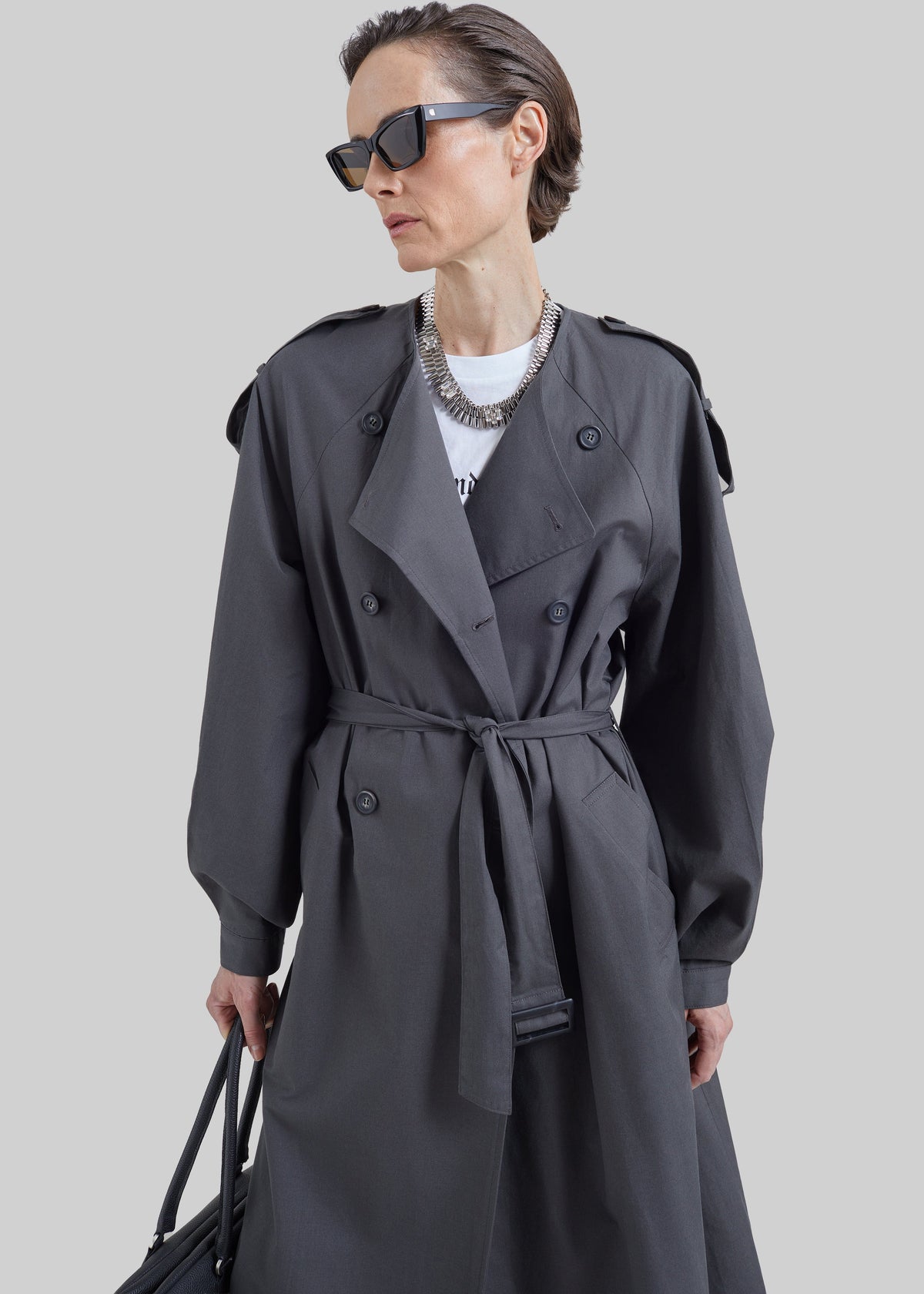 Mila Collarless Trench Coat - Charcoal