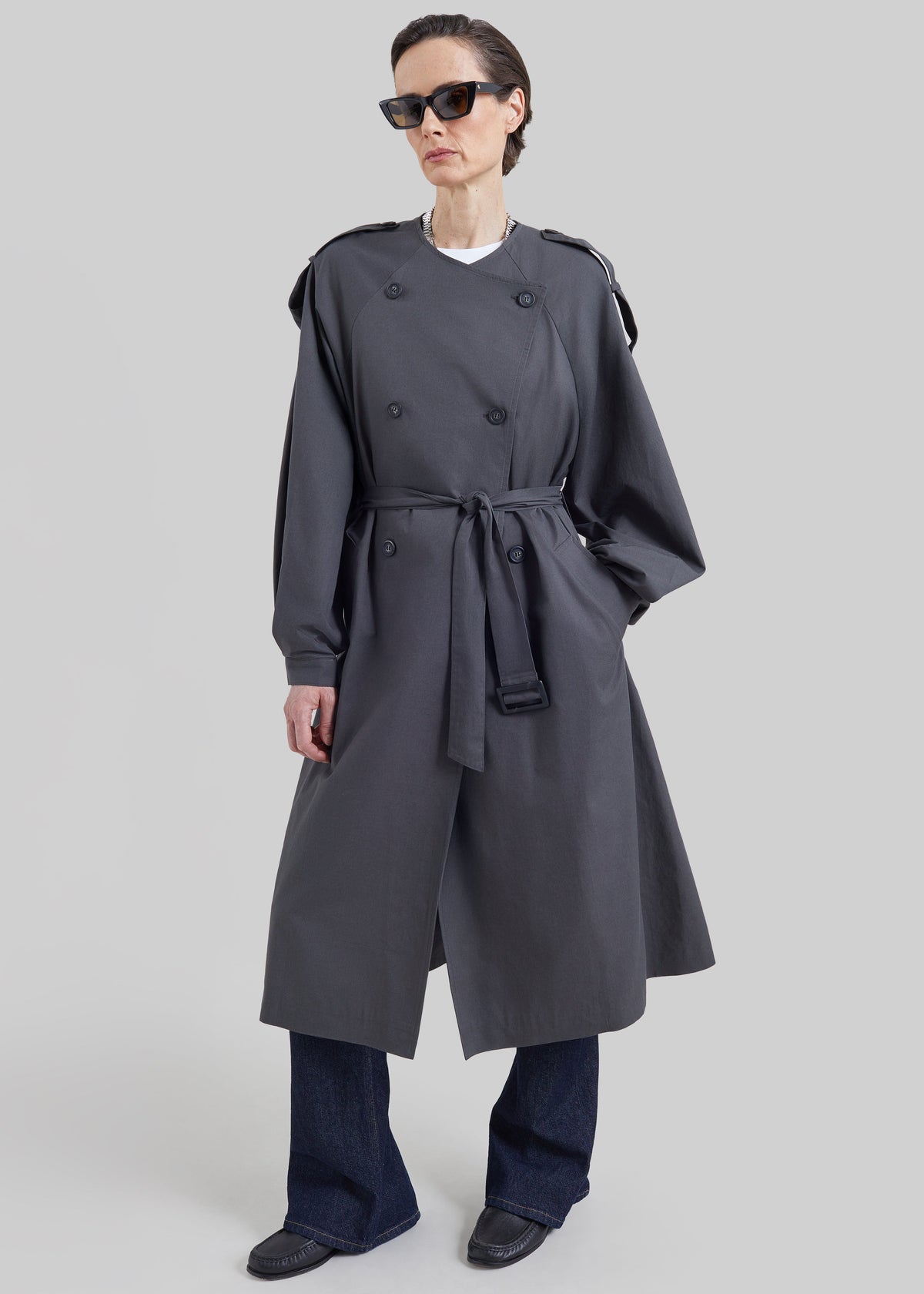 Mila Collarless Trench Coat - Charcoal