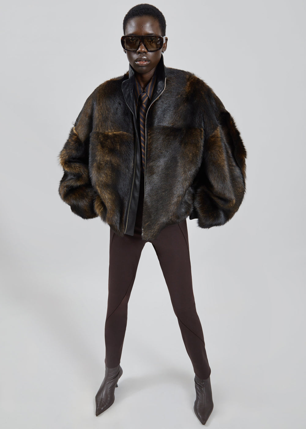 Milano Fur Bomber Jacket - Dark Brown - 1