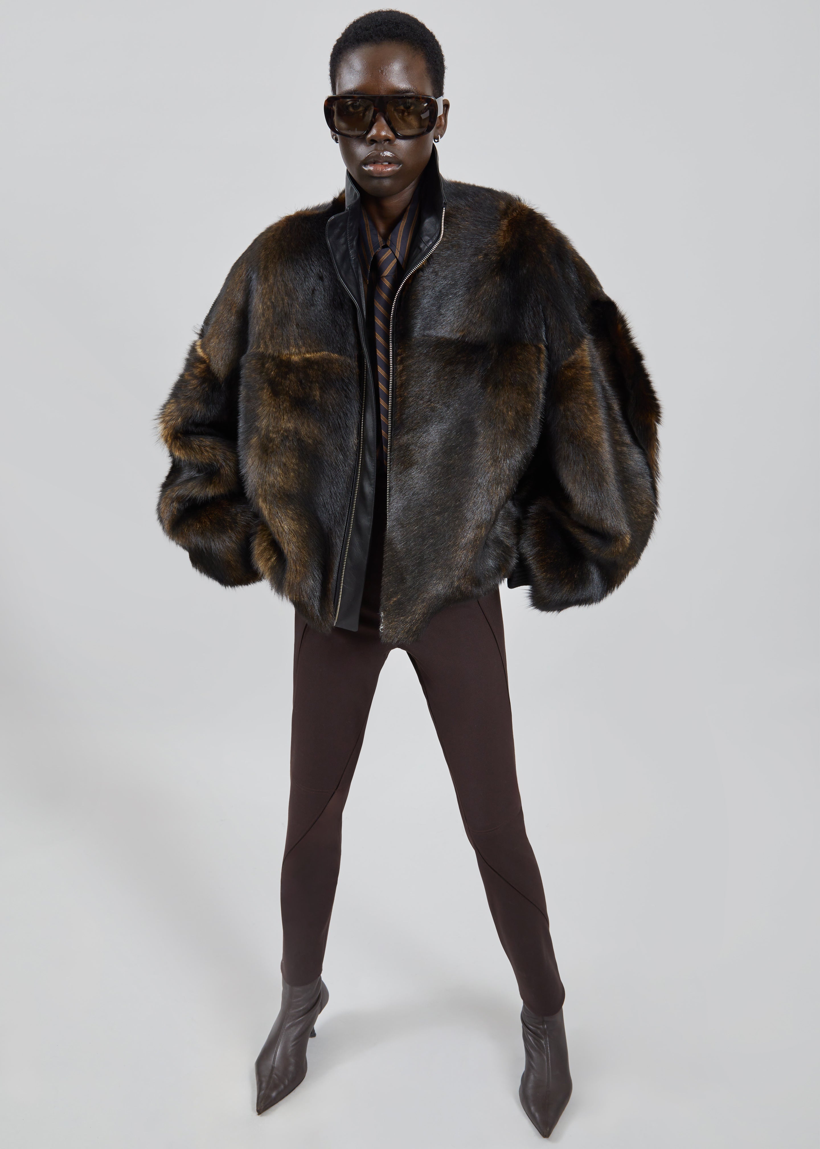 Milano Fur Bomber Jacket - Dark Brown - 2