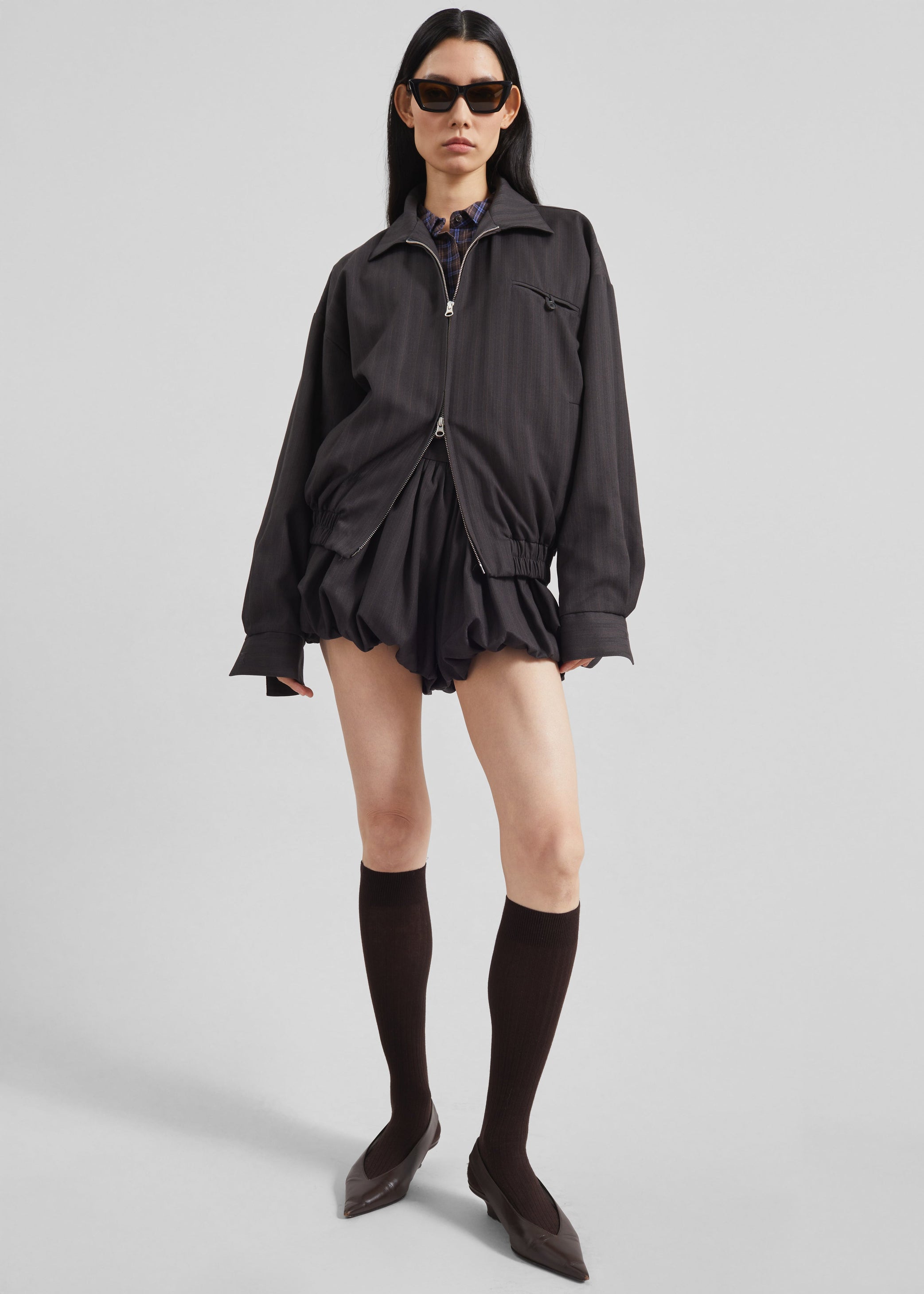Shop the look image for Minori Bubble-Hem Shorts - Charcoal/White Pinstripe