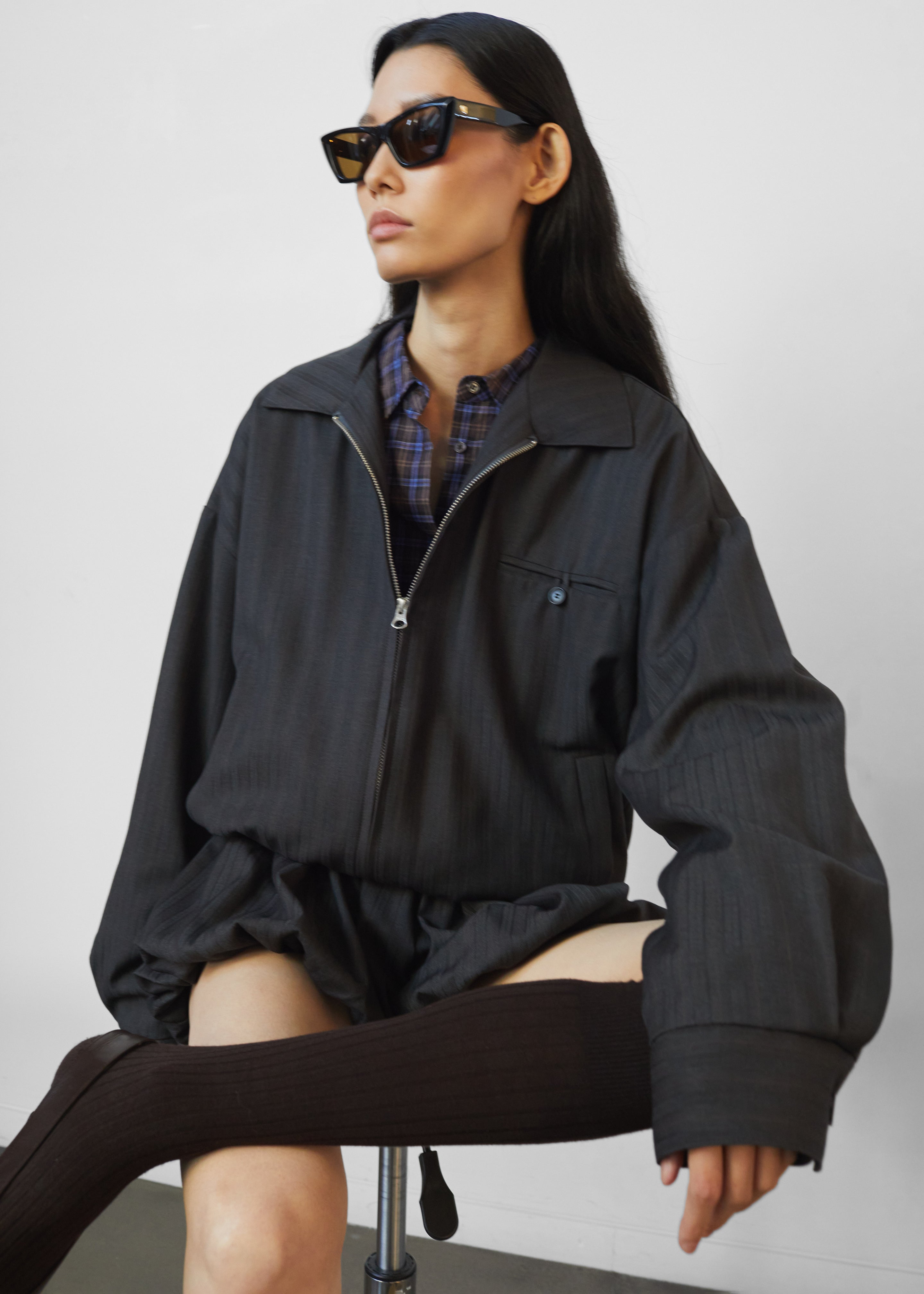 Minori Blouson Jacket - Charcoal/White Pinstripe - 1
