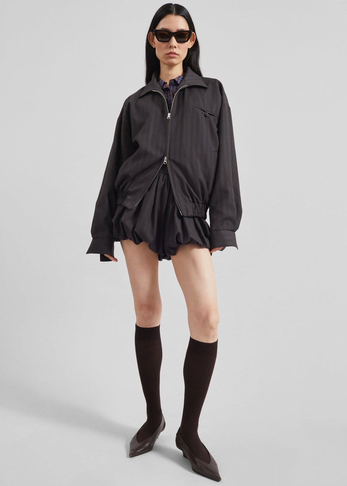 Minori Bubble-Hem Shorts - Charcoal/White Pinstripe - 7