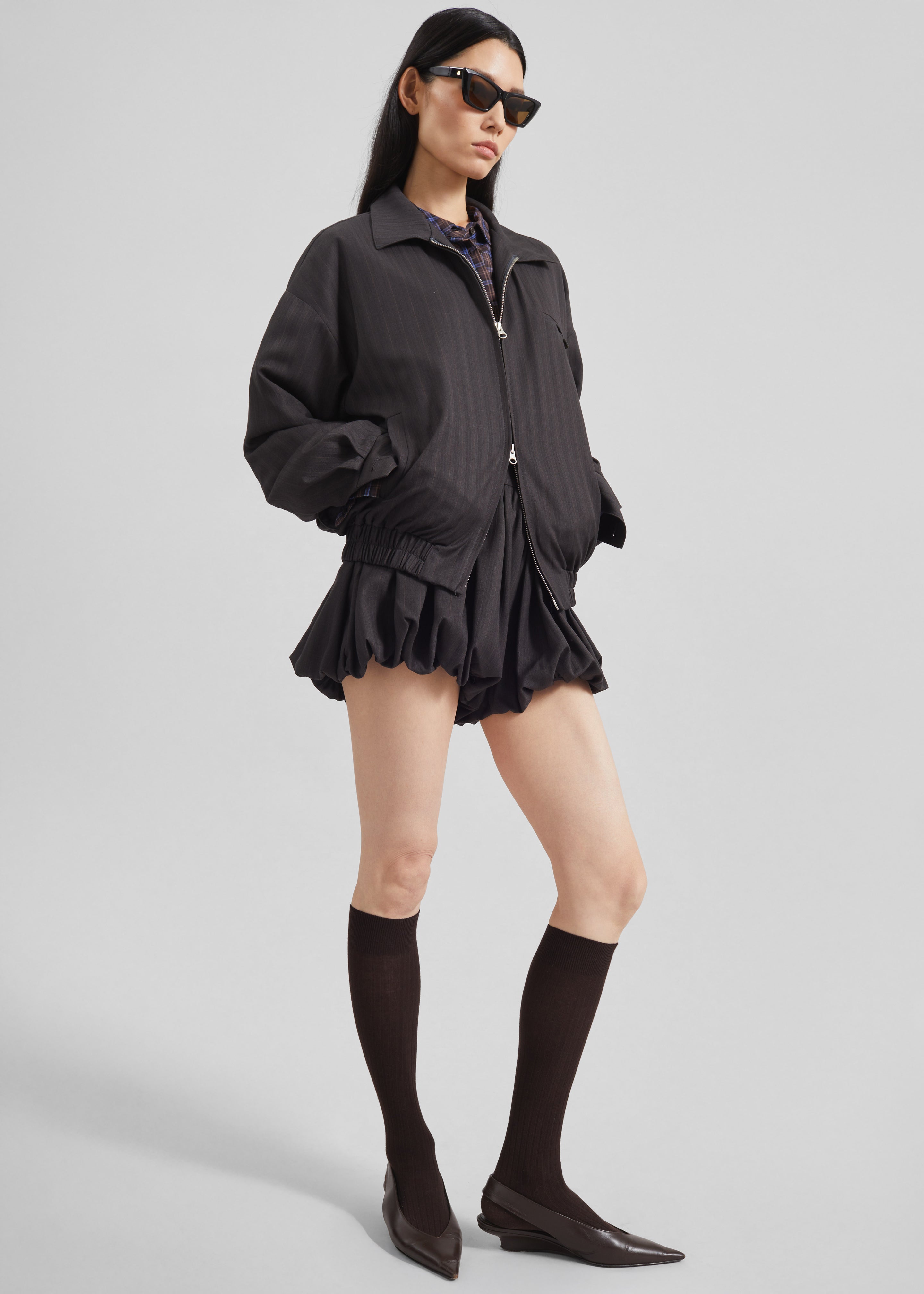 Minori Bubble-Hem Shorts - Charcoal/White Pinstripe - 3