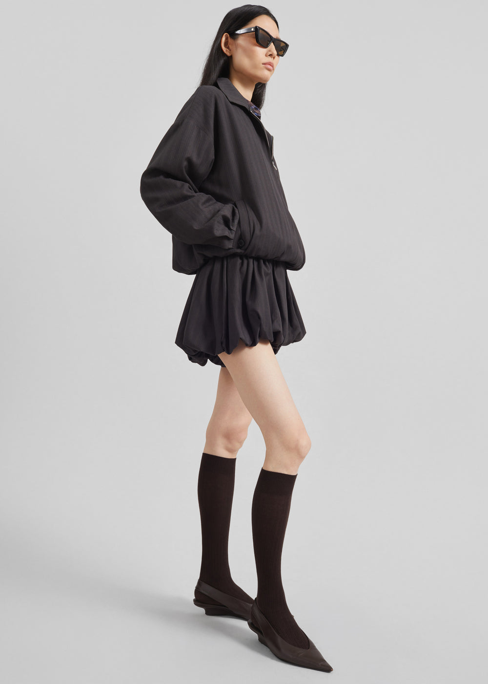 Minori Bubble-Hem Shorts - Charcoal/White Pinstripe