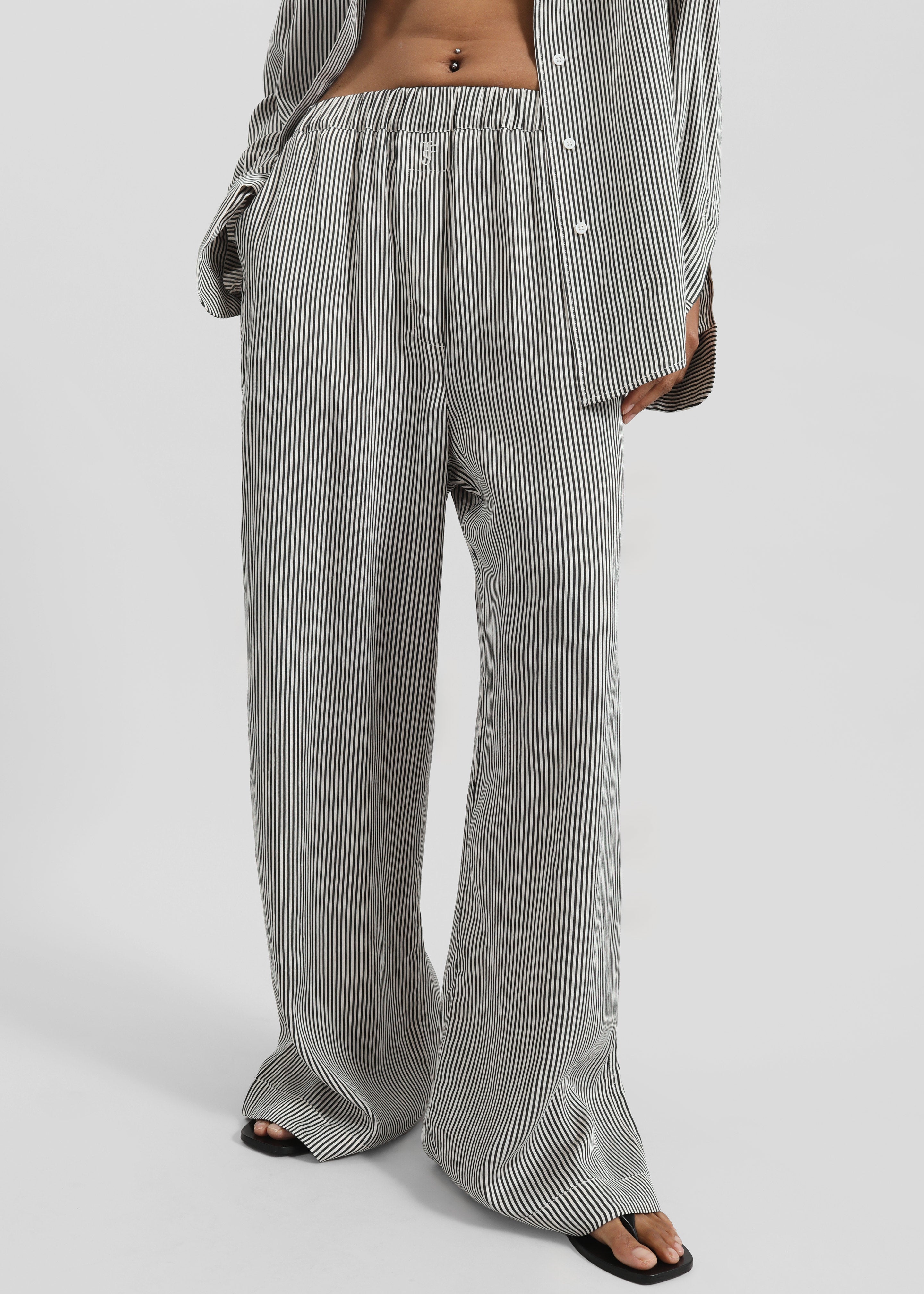 Mirca Striped Silk Elastic Pants - Black/White Stripe - 2