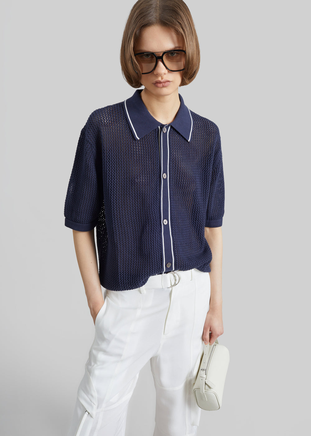 Monza Crochet Knit Cardigan - Navy