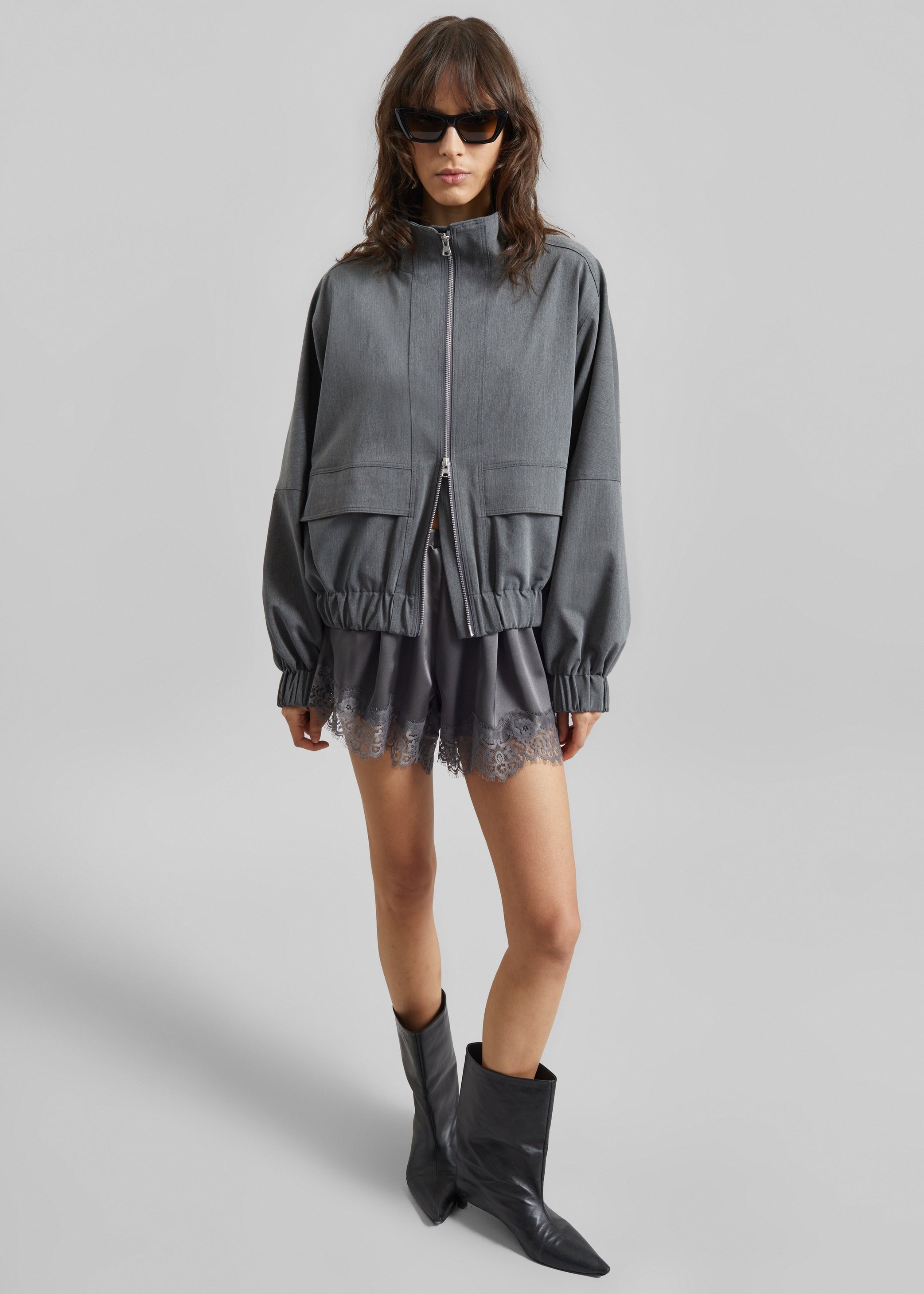 Shop the look image for Mylah Satin Lace Trim Shorts - Slate Grey