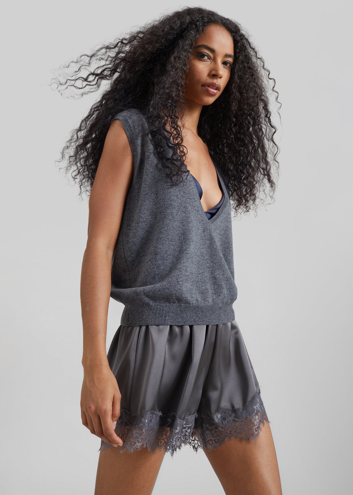 Mylah Satin Lace Trim Shorts - Slate Grey - 4