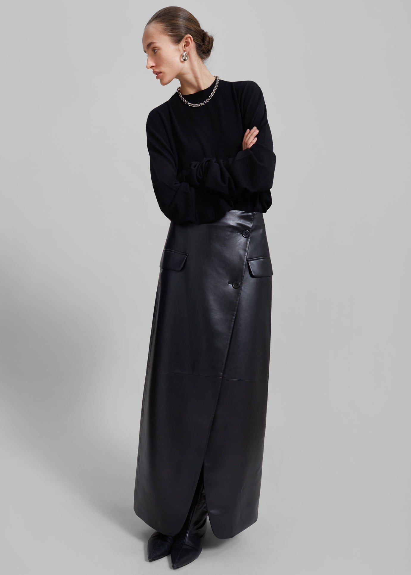 Nan Long Faux Leather Cross Skirt - Black
