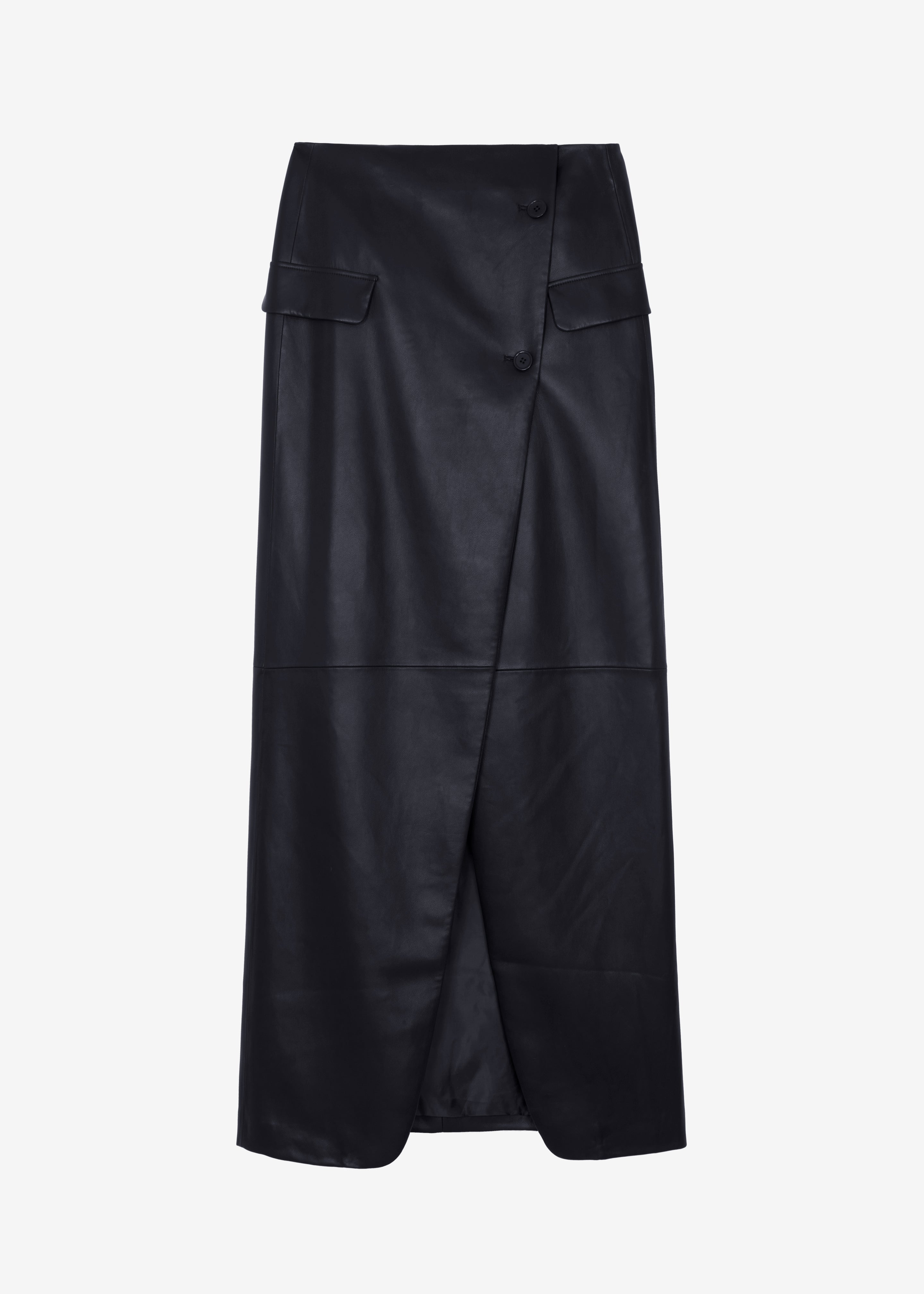 Nan Long Faux Leather Cross Skirt - Black - 9